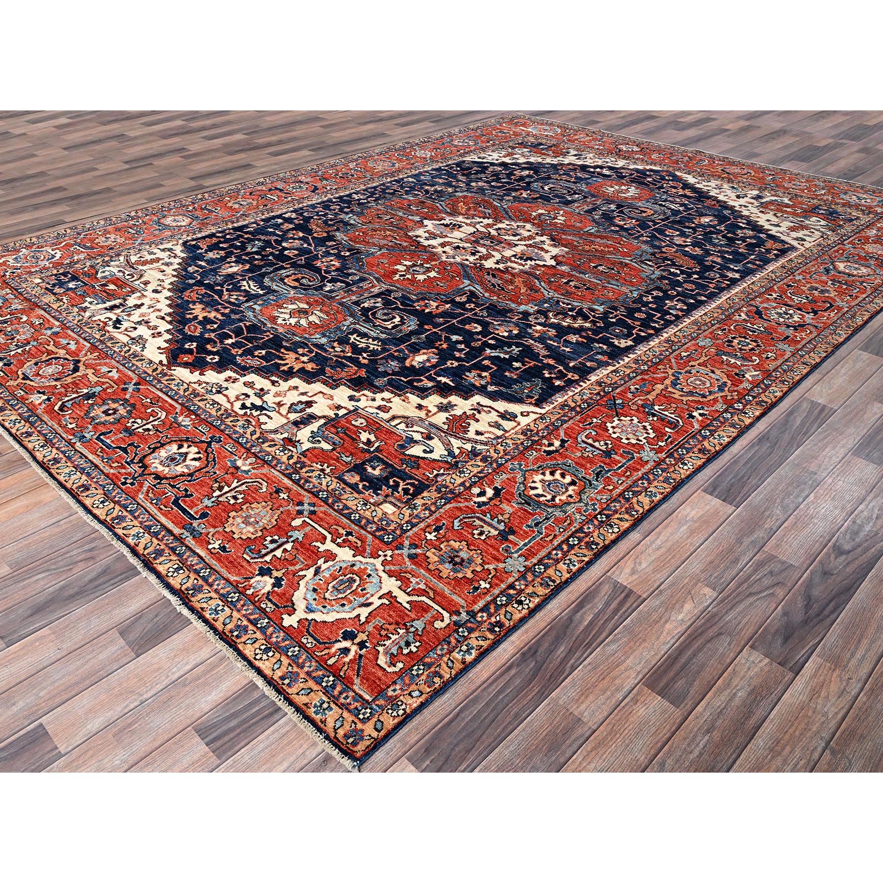 9'2"x12'8" Midnight Blue, Aryana Grade, Serapi Heriz with Flower Medallion Design, Vegetable Dyes, Hand Knotted, High Mountain Wool, Soft Pile, Densely Woven, Oriental Rug Sh1047