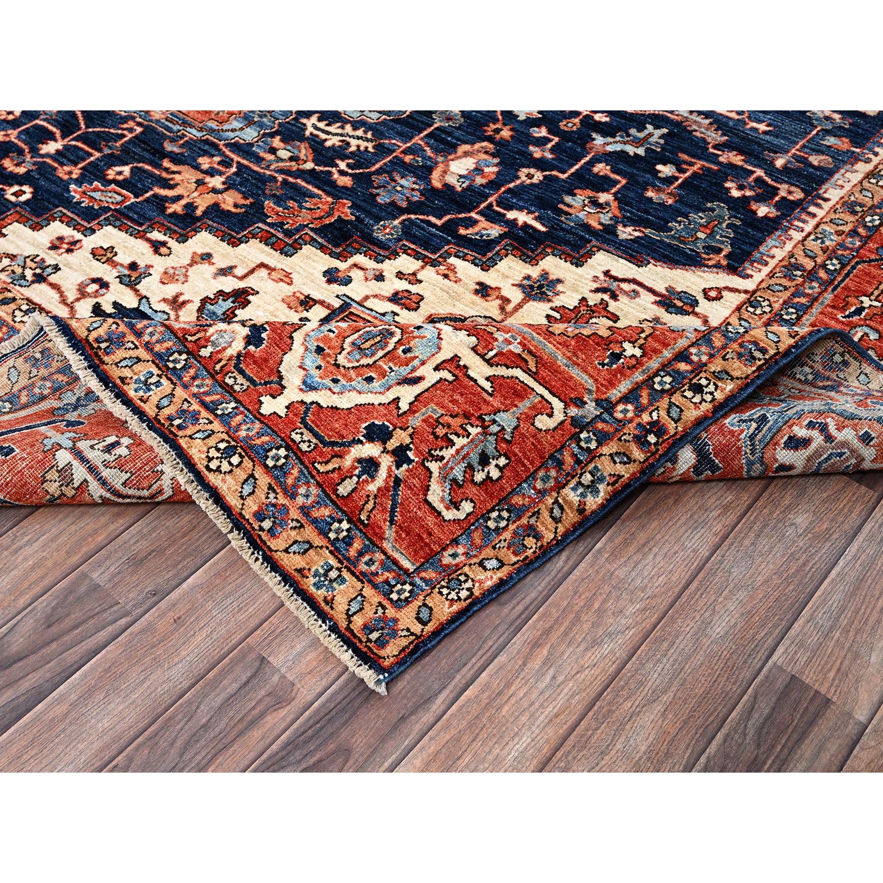 9'2"x12'8" Midnight Blue, Aryana Grade, Serapi Heriz with Flower Medallion Design, Vegetable Dyes, Hand Knotted, High Mountain Wool, Soft Pile, Densely Woven, Oriental Rug Sh1047