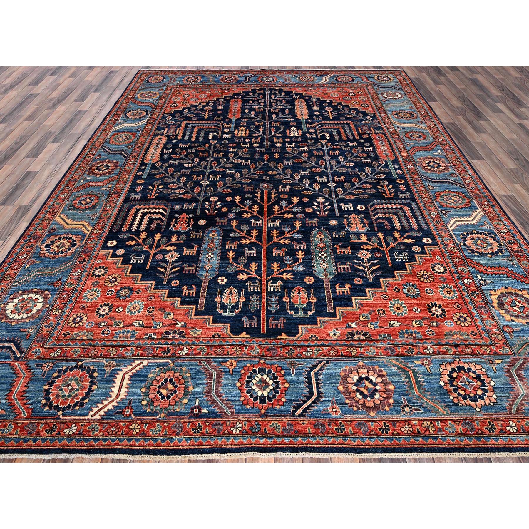 9'2"x12'1" Midnight Blue, Willow and Cypress Tree All Over Antique Persian Design, Small Animal Figurines, Vegetable Dyes, High Mountain Wool, Hand Knotted, Soft Pile, Densely Woven, Oriental Rug Sh1048