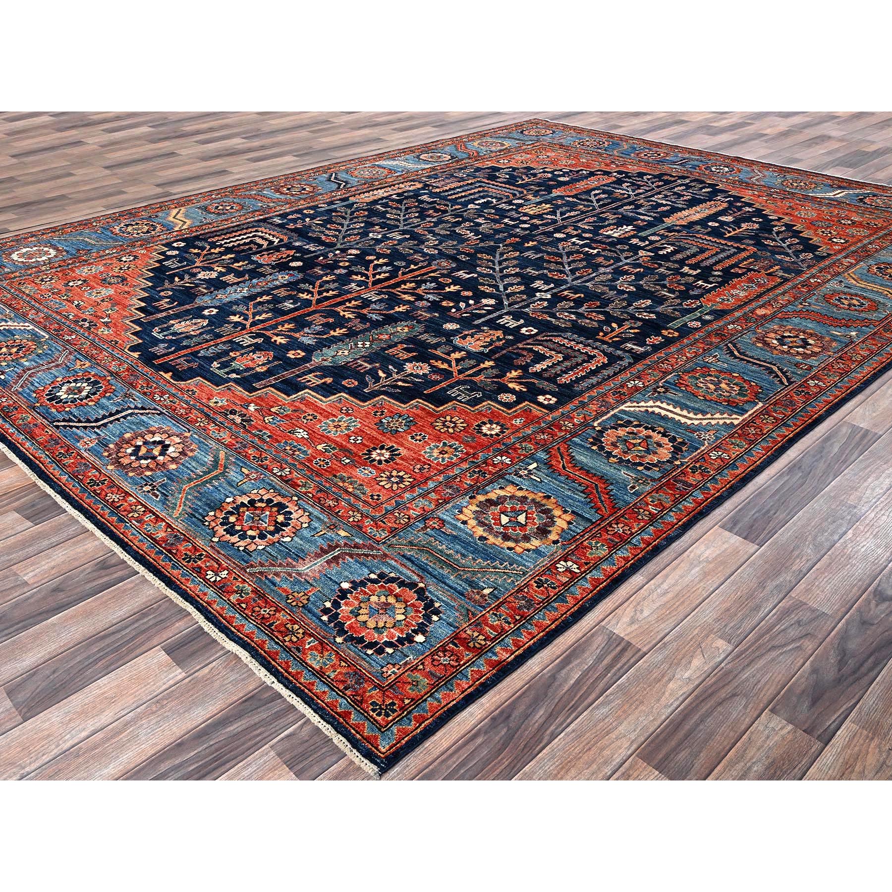 9'2"x12'1" Midnight Blue, Willow and Cypress Tree All Over Antique Persian Design, Small Animal Figurines, Vegetable Dyes, High Mountain Wool, Hand Knotted, Soft Pile, Densely Woven, Oriental Rug Sh1048