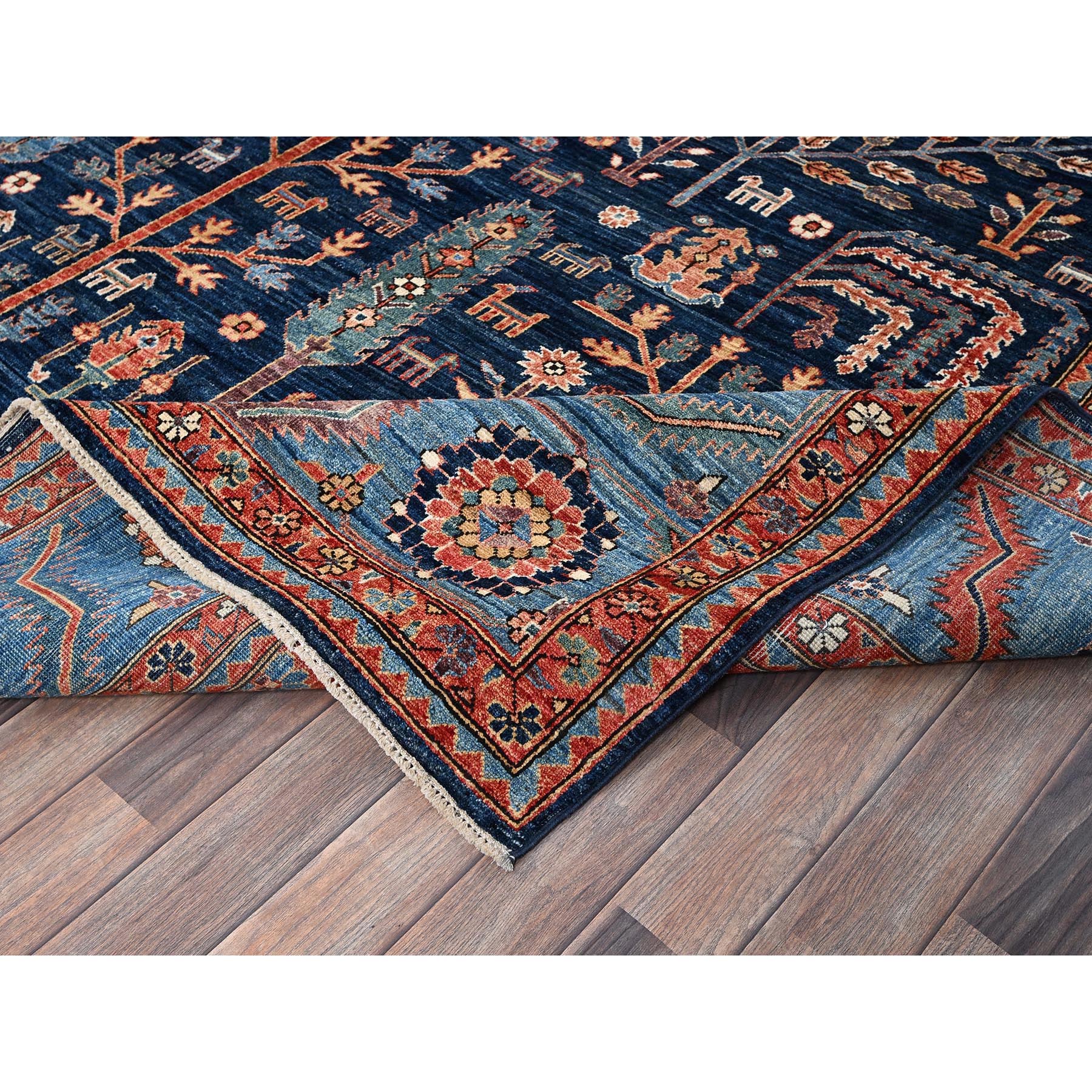 9'2"x12'1" Midnight Blue, Willow and Cypress Tree All Over Antique Persian Design, Small Animal Figurines, Vegetable Dyes, High Mountain Wool, Hand Knotted, Soft Pile, Densely Woven, Oriental Rug Sh1048