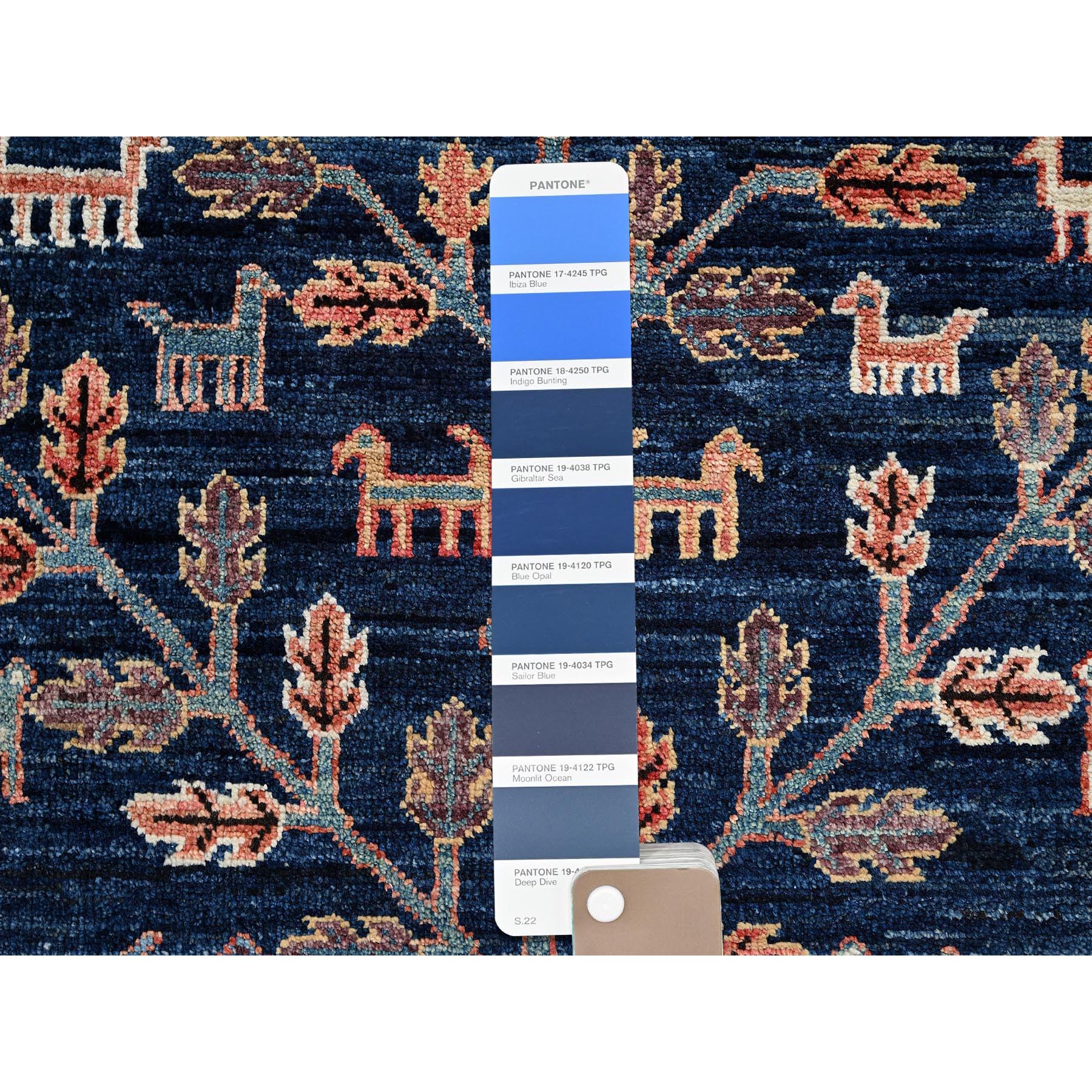 9'2"x12'1" Midnight Blue, Willow and Cypress Tree All Over Antique Persian Design, Small Animal Figurines, Vegetable Dyes, High Mountain Wool, Hand Knotted, Soft Pile, Densely Woven, Oriental Rug Sh1048
