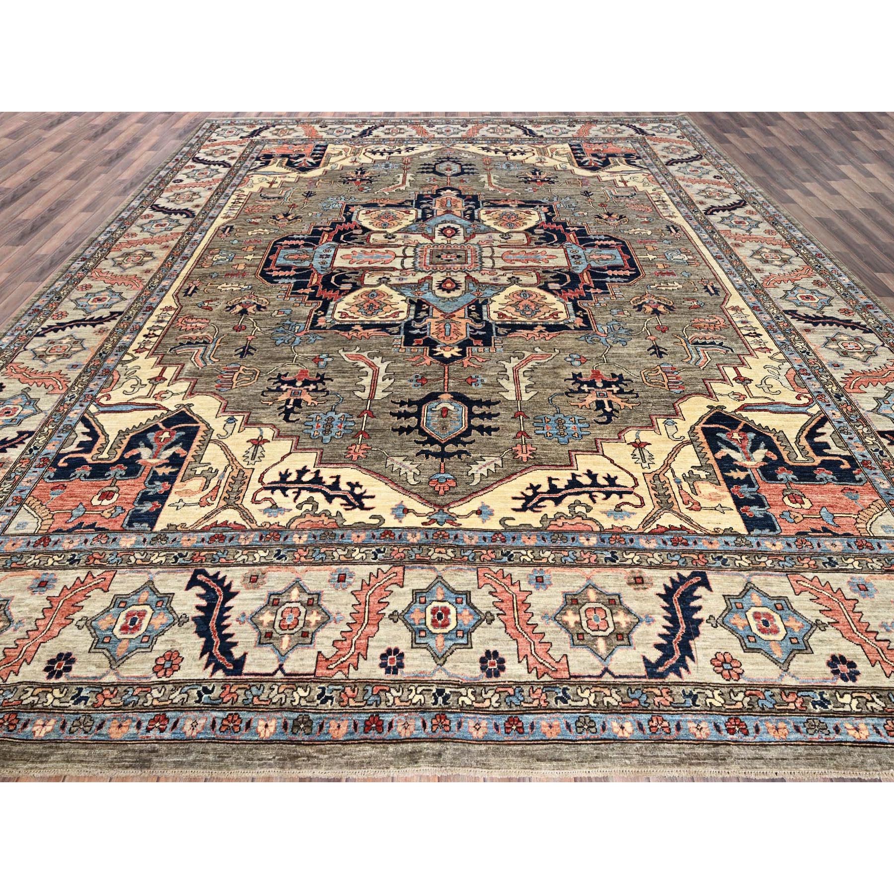 12'4"x14'4" Dune Brown, Aryana Collection, Serapi Heriz with Large Medallion Design, Vegetable Dyes, Soft Pile, High Mountain Wool, Hand Knotted, Densely Woven, Oversized, Oriental Rug Sh1049