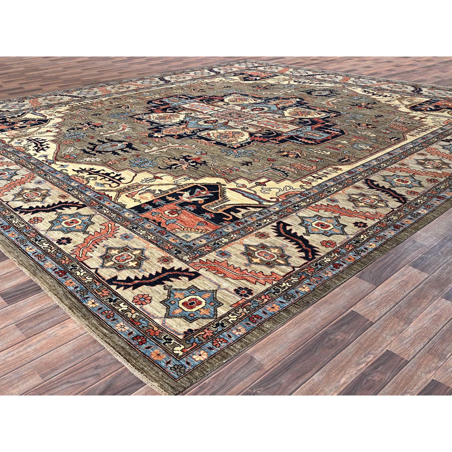 12'4"x14'4" Dune Brown, Aryana Collection, Serapi Heriz with Large Medallion Design, Vegetable Dyes, Soft Pile, High Mountain Wool, Hand Knotted, Densely Woven, Oversized, Oriental Rug Sh1049