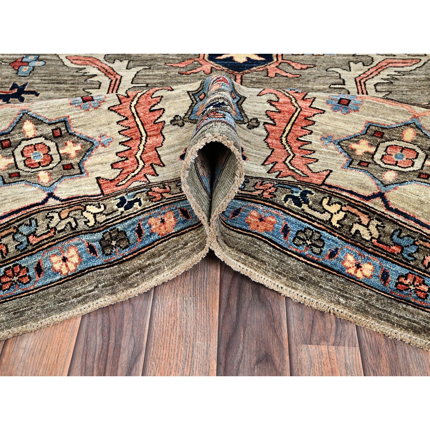 12'4"x14'4" Dune Brown, Aryana Collection, Serapi Heriz with Large Medallion Design, Vegetable Dyes, Soft Pile, High Mountain Wool, Hand Knotted, Densely Woven, Oversized, Oriental Rug Sh1049