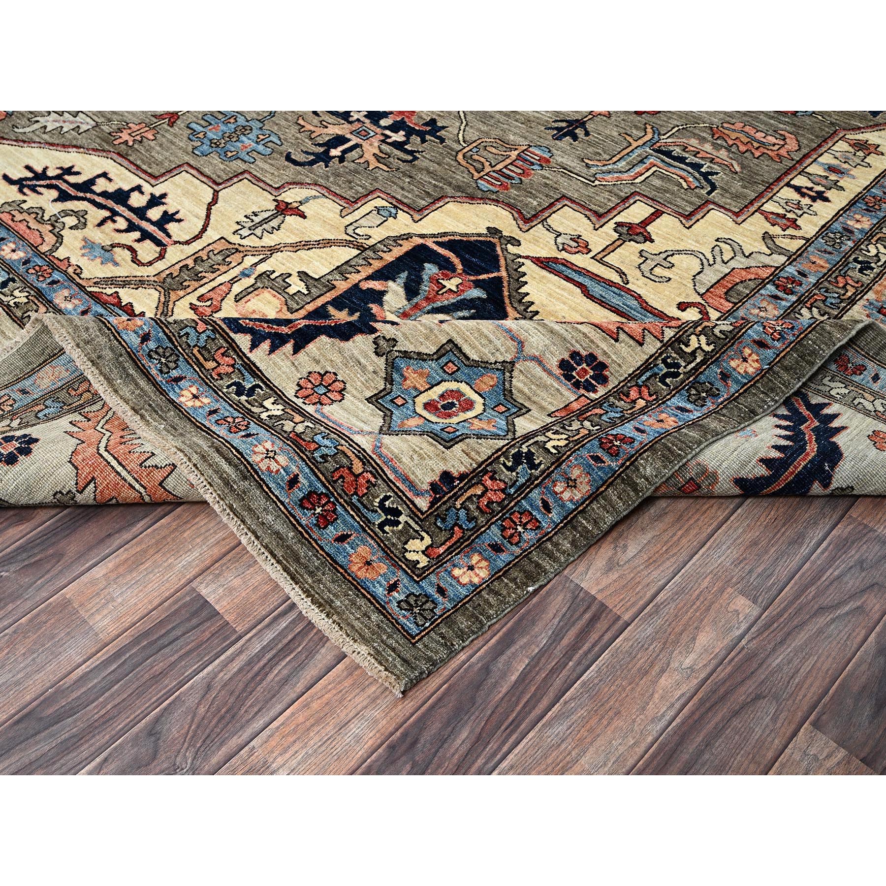 12'4"x14'4" Dune Brown, Aryana Collection, Serapi Heriz with Large Medallion Design, Vegetable Dyes, Soft Pile, High Mountain Wool, Hand Knotted, Densely Woven, Oversized, Oriental Rug Sh1049