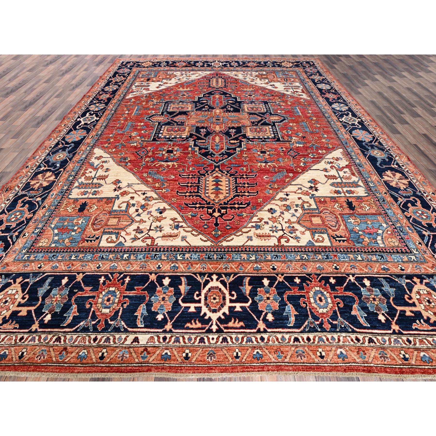 11'7"x15' Summer Fig Red, Aryana Collection, Serapi Heriz with Geometric Medallion Design, Vegetable Dyes, Soft Pile, High Mountain Wool, Hand Knotted, Densely Woven, Oversized, Oriental Rug Sh1051