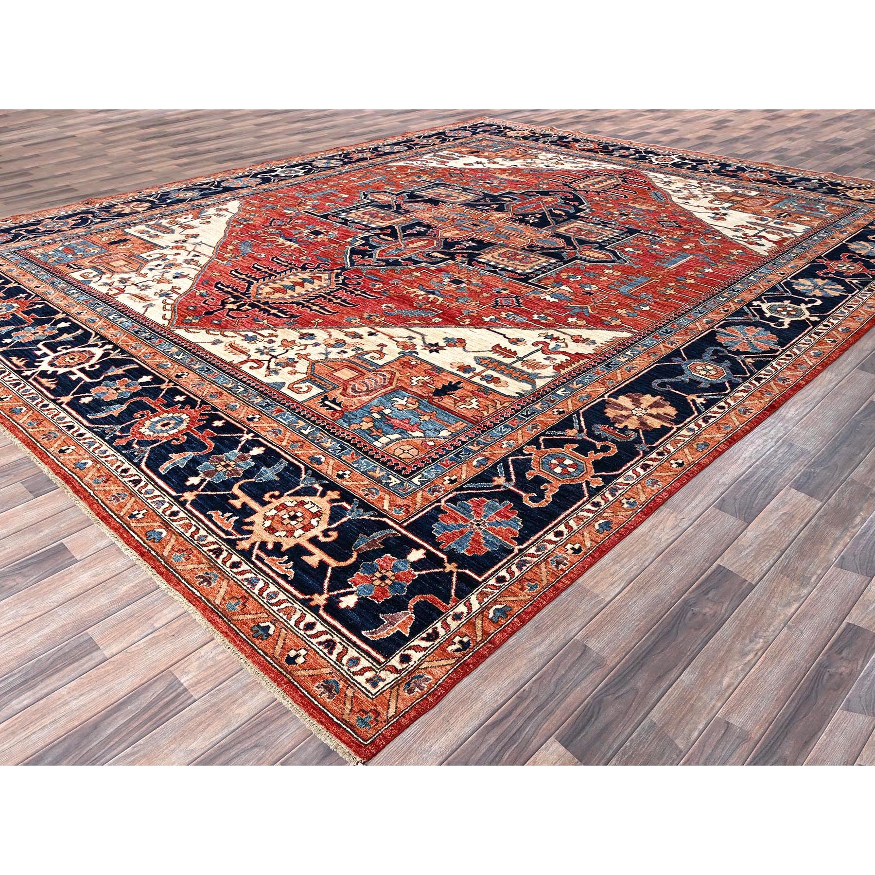 11'7"x15' Summer Fig Red, Aryana Collection, Serapi Heriz with Geometric Medallion Design, Vegetable Dyes, Soft Pile, High Mountain Wool, Hand Knotted, Densely Woven, Oversized, Oriental Rug Sh1051