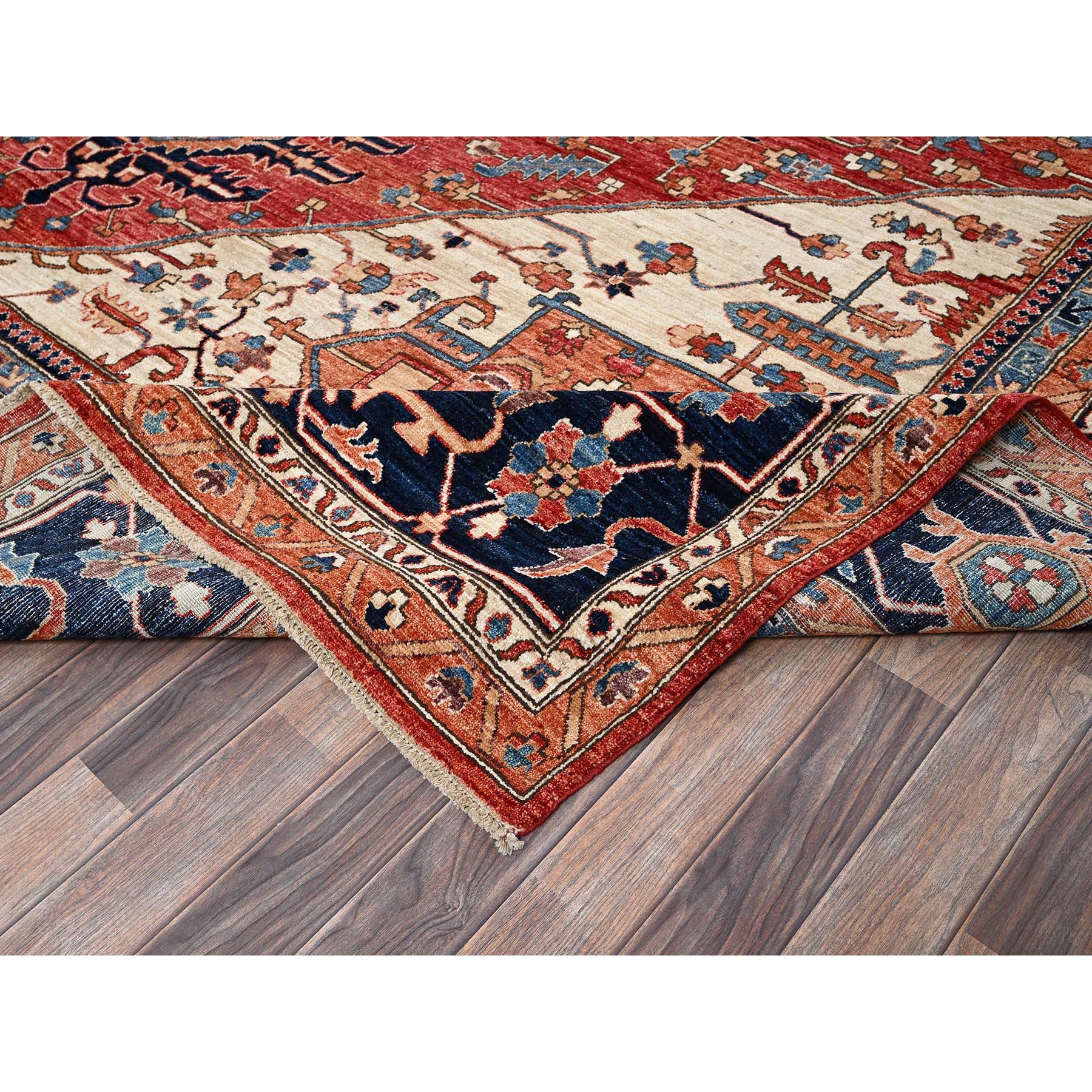 11'7"x15' Summer Fig Red, Aryana Collection, Serapi Heriz with Geometric Medallion Design, Vegetable Dyes, Soft Pile, High Mountain Wool, Hand Knotted, Densely Woven, Oversized, Oriental Rug Sh1051