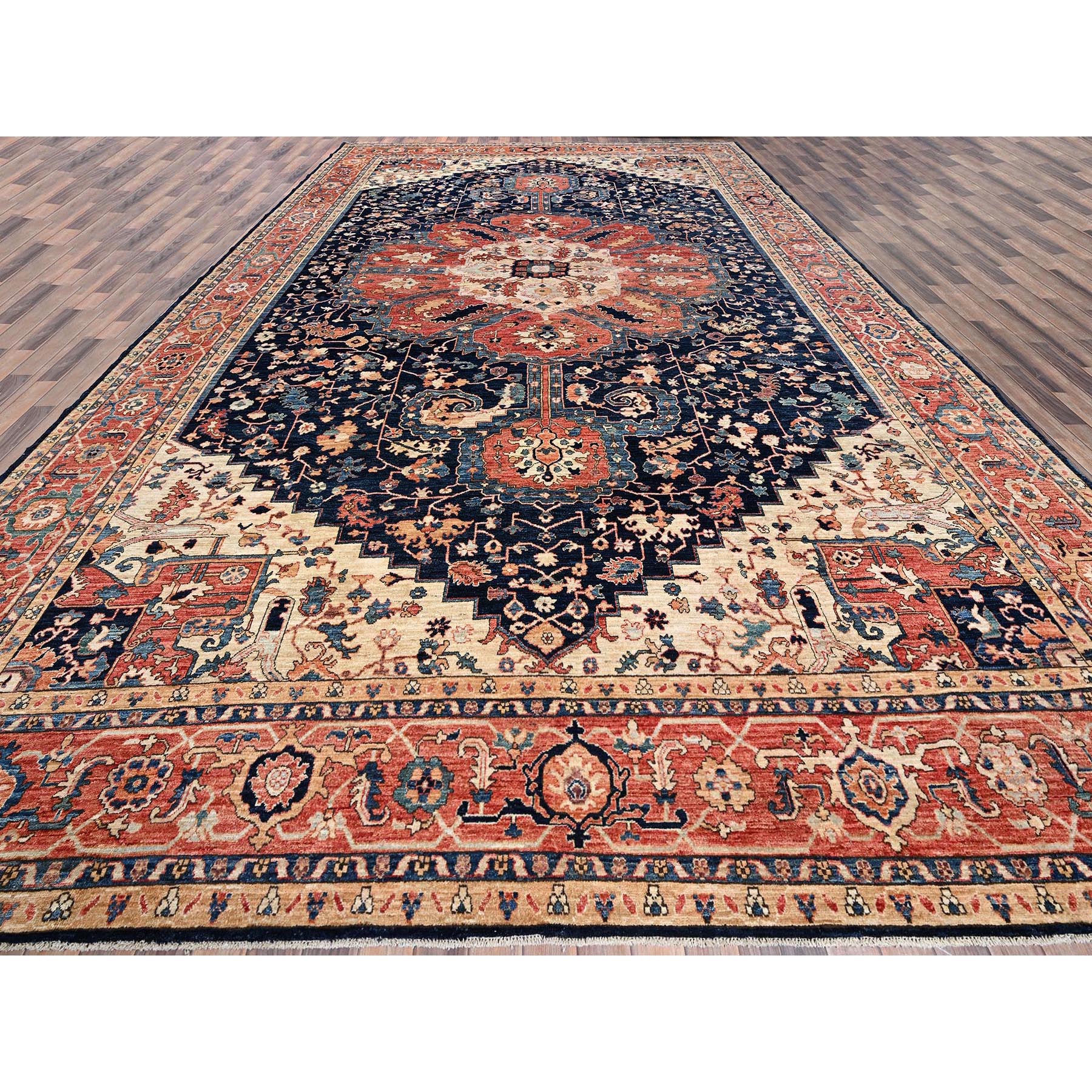 12'x18'9" Midnight Blue, Aryana Grade, Serapi Heriz with Flower Medallion Design, Vegetable Dyes, Soft Pile, High Mountain Wool, Hand Knotted, Densely Woven, Oversized, Oriental Rug Sh1053