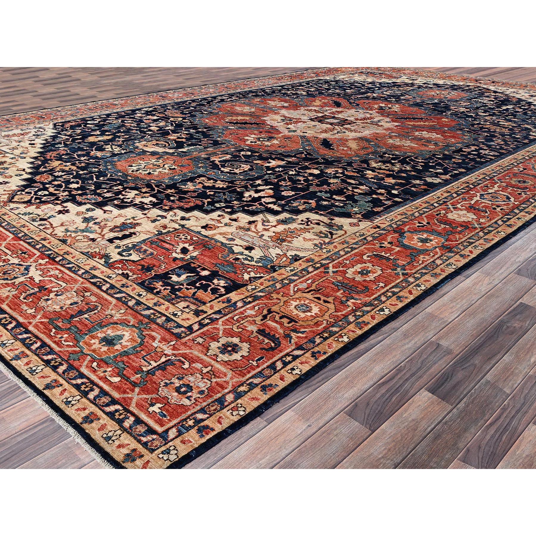 12'x18'9" Midnight Blue, Aryana Grade, Serapi Heriz with Flower Medallion Design, Vegetable Dyes, Soft Pile, High Mountain Wool, Hand Knotted, Densely Woven, Oversized, Oriental Rug Sh1053
