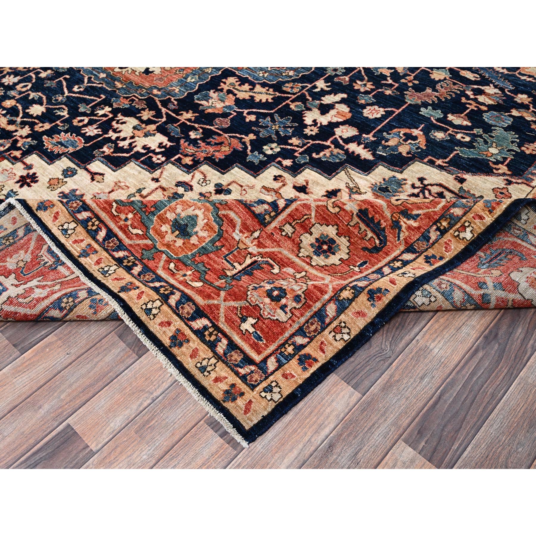 12'x18'9" Midnight Blue, Aryana Grade, Serapi Heriz with Flower Medallion Design, Vegetable Dyes, Soft Pile, High Mountain Wool, Hand Knotted, Densely Woven, Oversized, Oriental Rug Sh1053