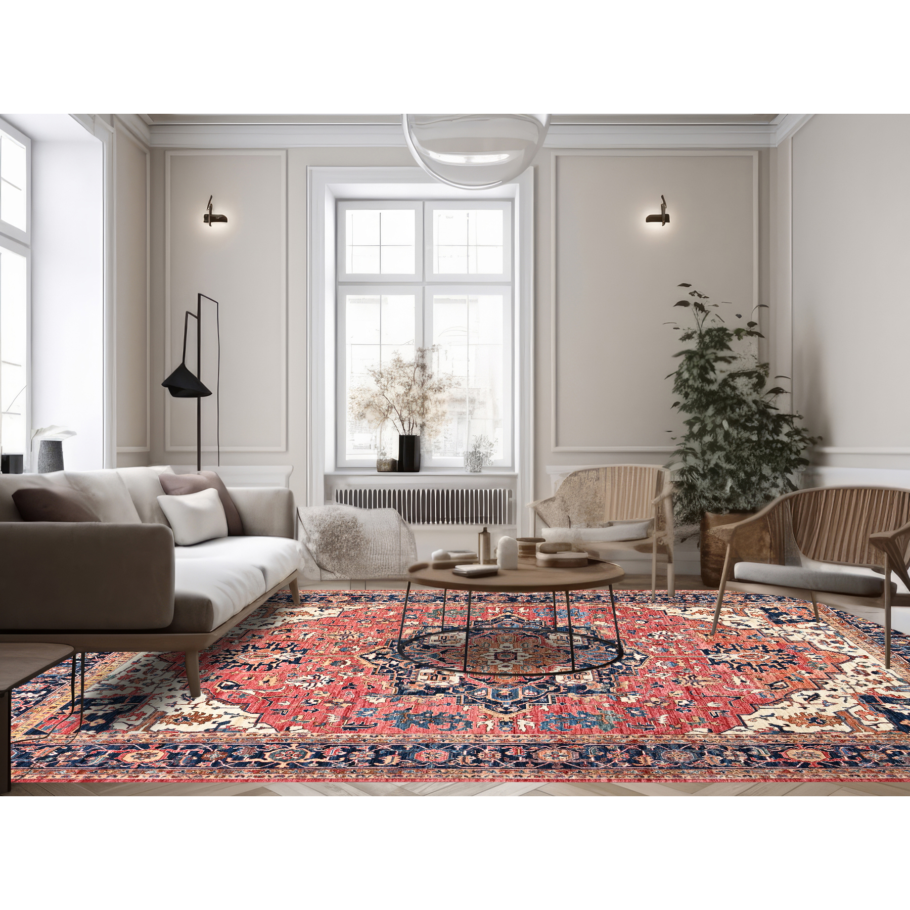 11'10"x17'7" Coral Red, Aryana Collection, Serapi Heriz with Large Medallion Design, Vegetable Dyes, Soft Pile, High Mountain Wool, Hand Knotted, Densely Woven, Oversized, Oriental Rug Sh1054