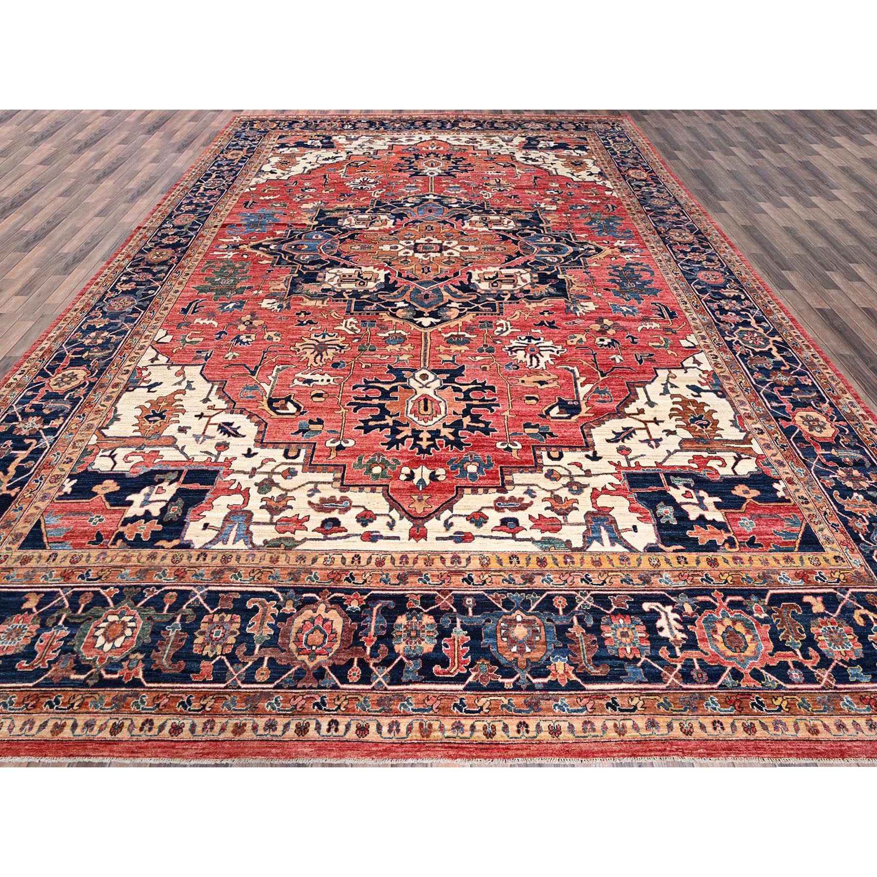 11'10"x17'7" Coral Red, Aryana Collection, Serapi Heriz with Large Medallion Design, Vegetable Dyes, Soft Pile, High Mountain Wool, Hand Knotted, Densely Woven, Oversized, Oriental Rug Sh1054