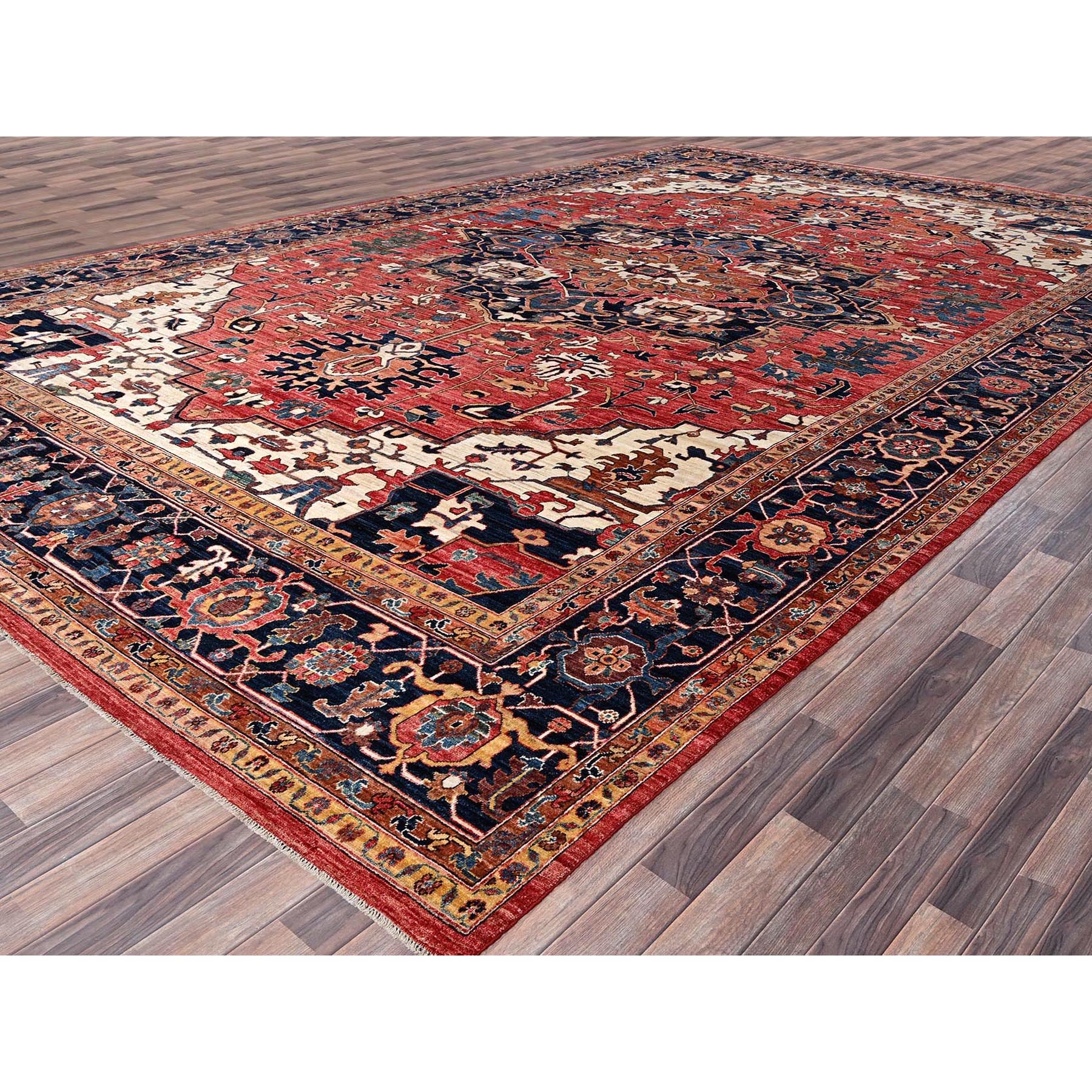 11'10"x17'7" Coral Red, Aryana Collection, Serapi Heriz with Large Medallion Design, Vegetable Dyes, Soft Pile, High Mountain Wool, Hand Knotted, Densely Woven, Oversized, Oriental Rug Sh1054
