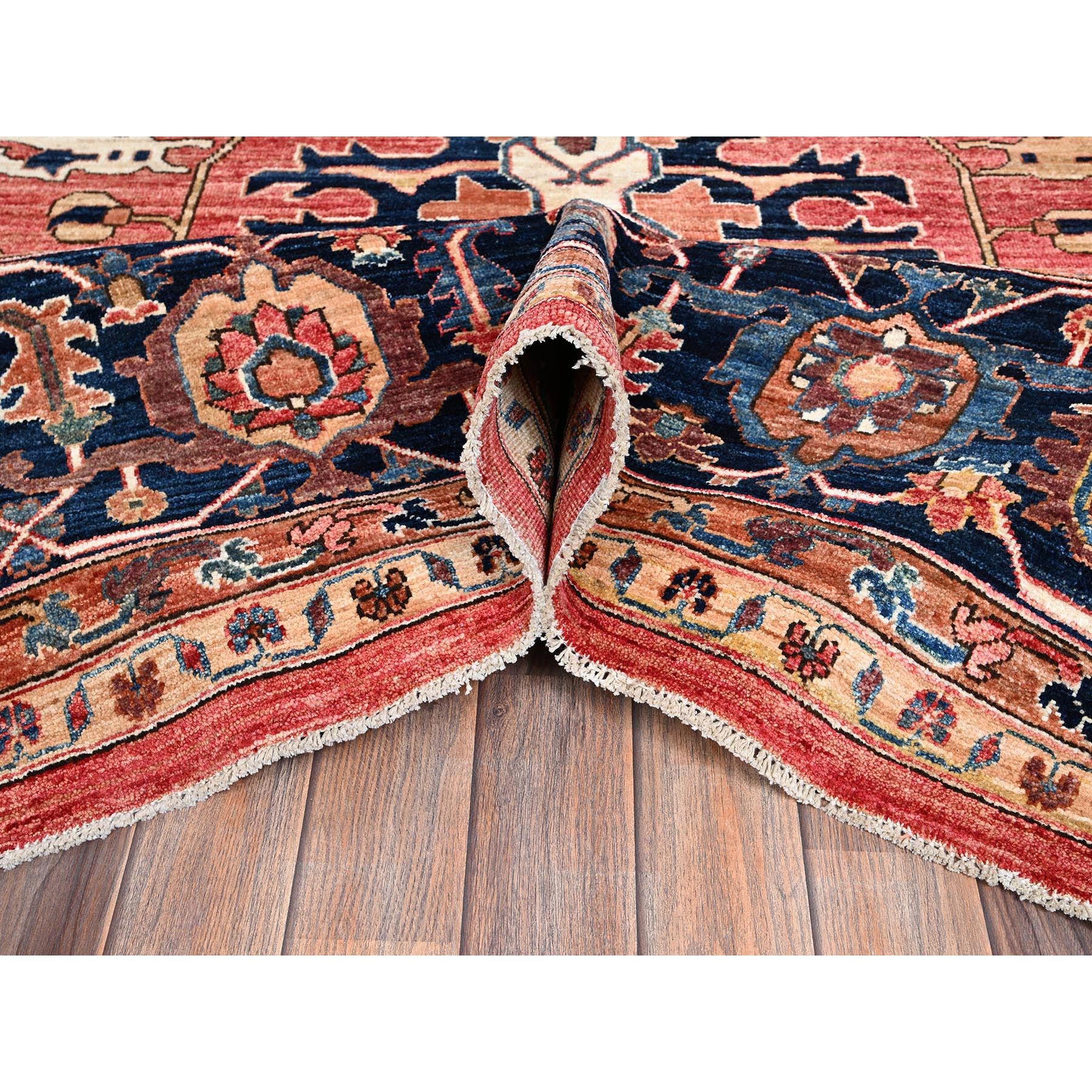11'10"x17'7" Coral Red, Aryana Collection, Serapi Heriz with Large Medallion Design, Vegetable Dyes, Soft Pile, High Mountain Wool, Hand Knotted, Densely Woven, Oversized, Oriental Rug Sh1054