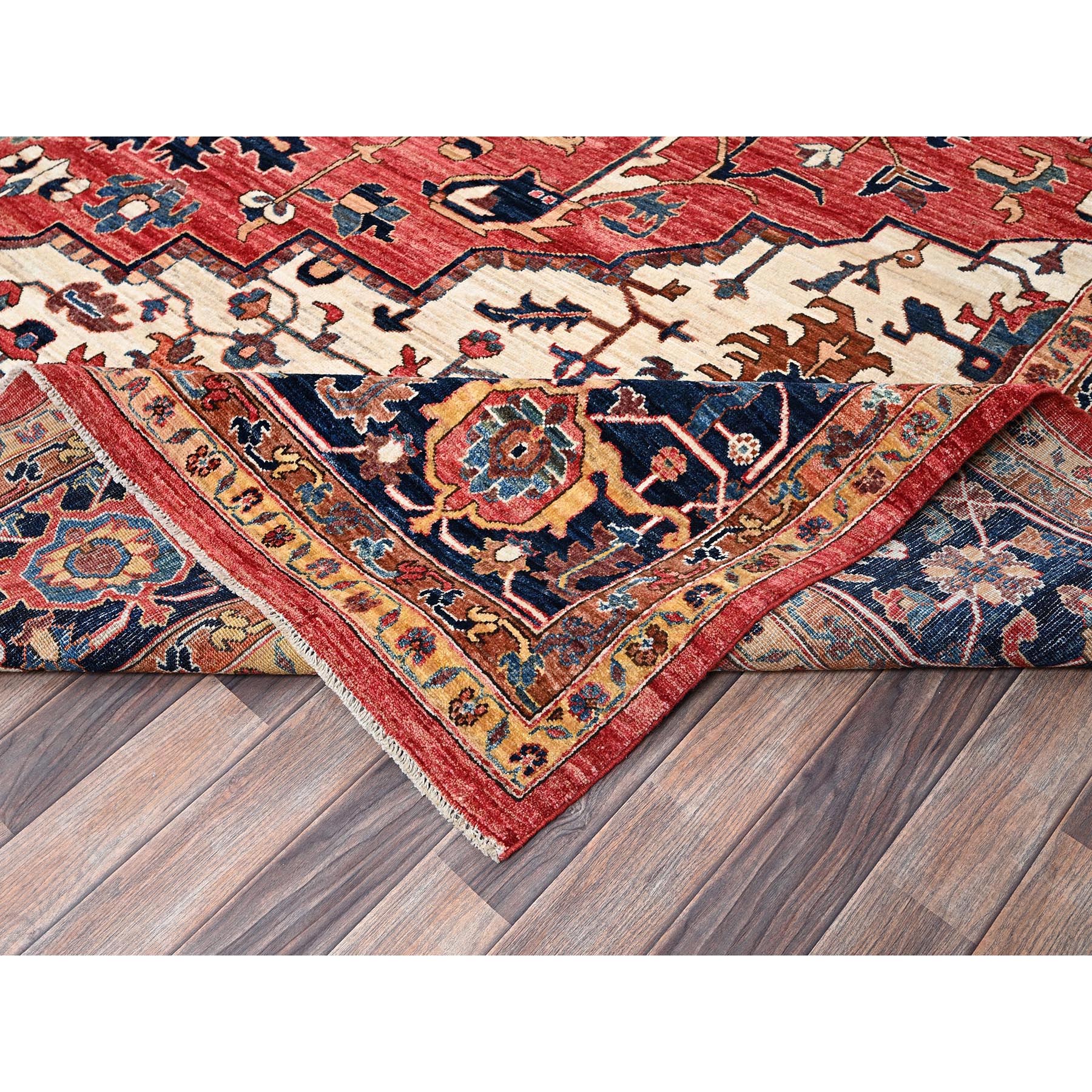 11'10"x17'7" Coral Red, Aryana Collection, Serapi Heriz with Large Medallion Design, Vegetable Dyes, Soft Pile, High Mountain Wool, Hand Knotted, Densely Woven, Oversized, Oriental Rug Sh1054
