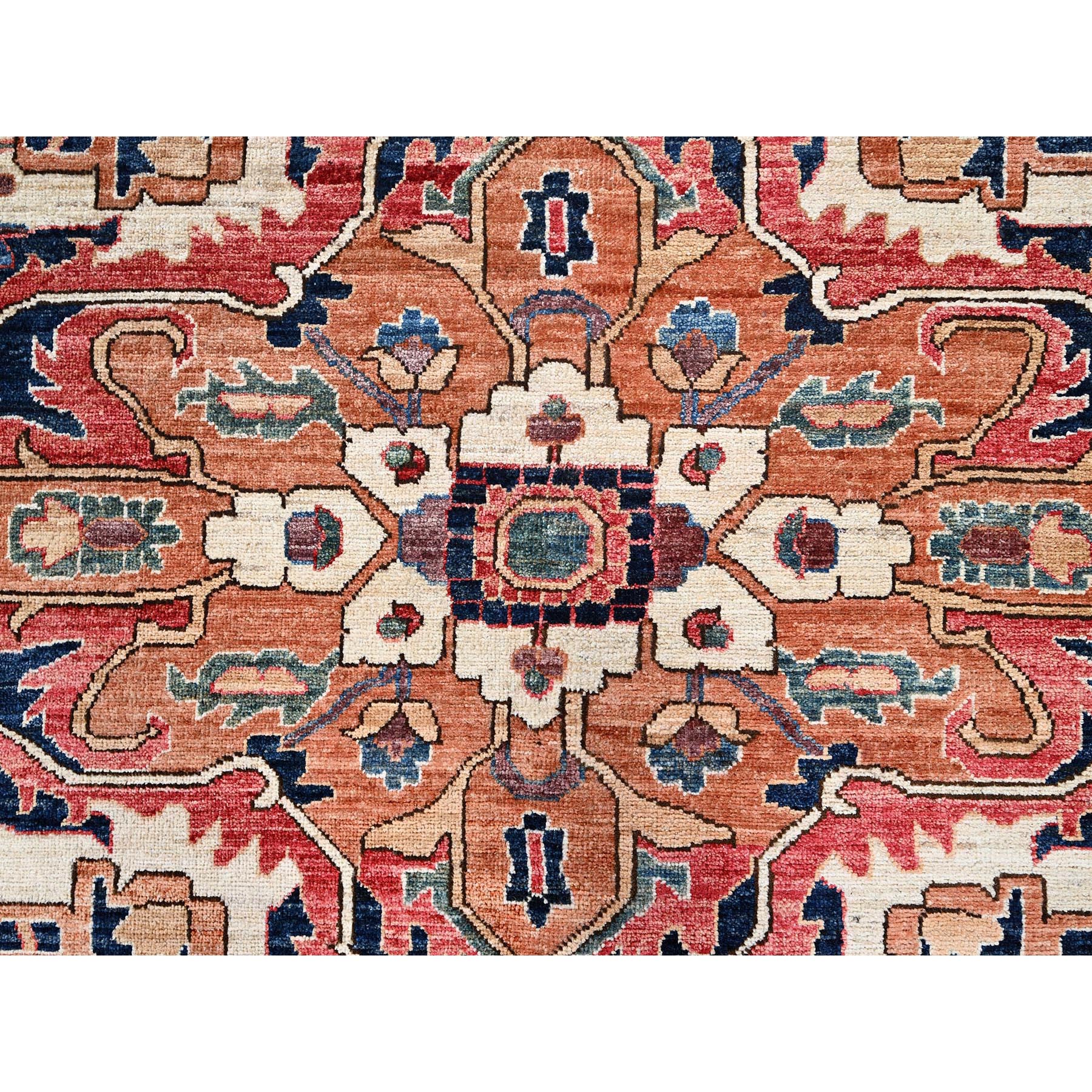 11'10"x17'7" Coral Red, Aryana Collection, Serapi Heriz with Large Medallion Design, Vegetable Dyes, Soft Pile, High Mountain Wool, Hand Knotted, Densely Woven, Oversized, Oriental Rug Sh1054