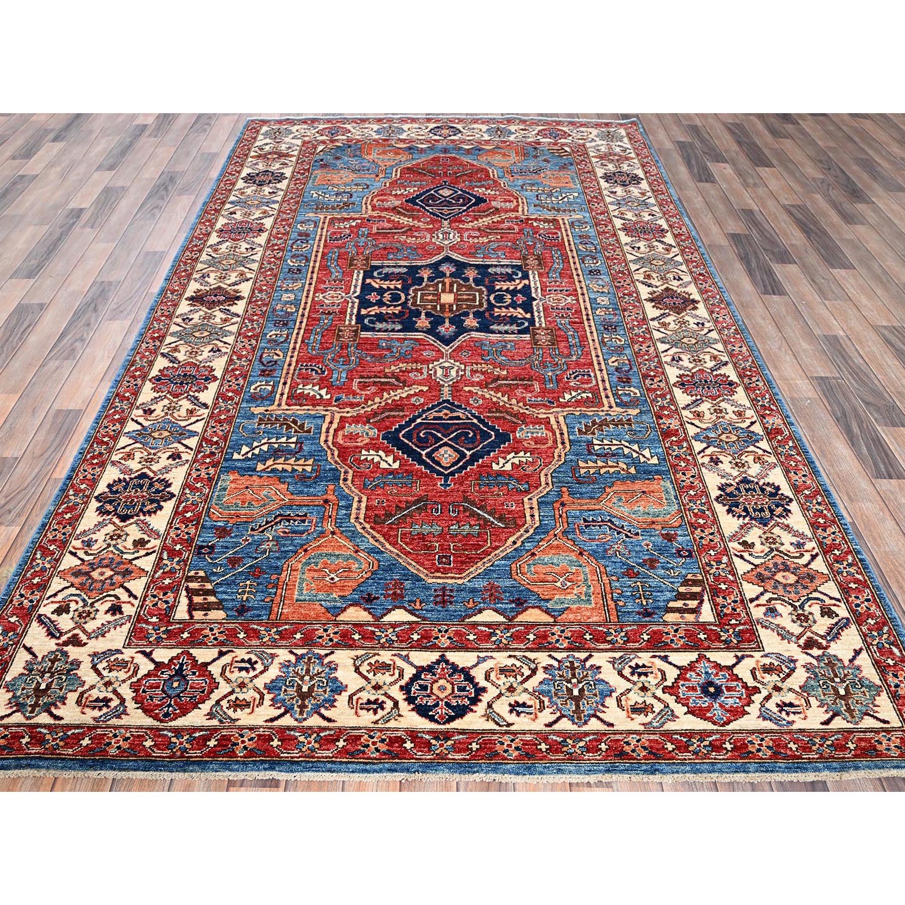 6'1"x11'7" Bayern Blue, Aryana Grade, Serapi Heriz with Geometric Medallion Design, Vegetable Dyes, High Mountain Wool, Hand Knotted, Soft Pile, Densely Woven, Gallery Size, Wide Runner, Oriental Rug Sh1058