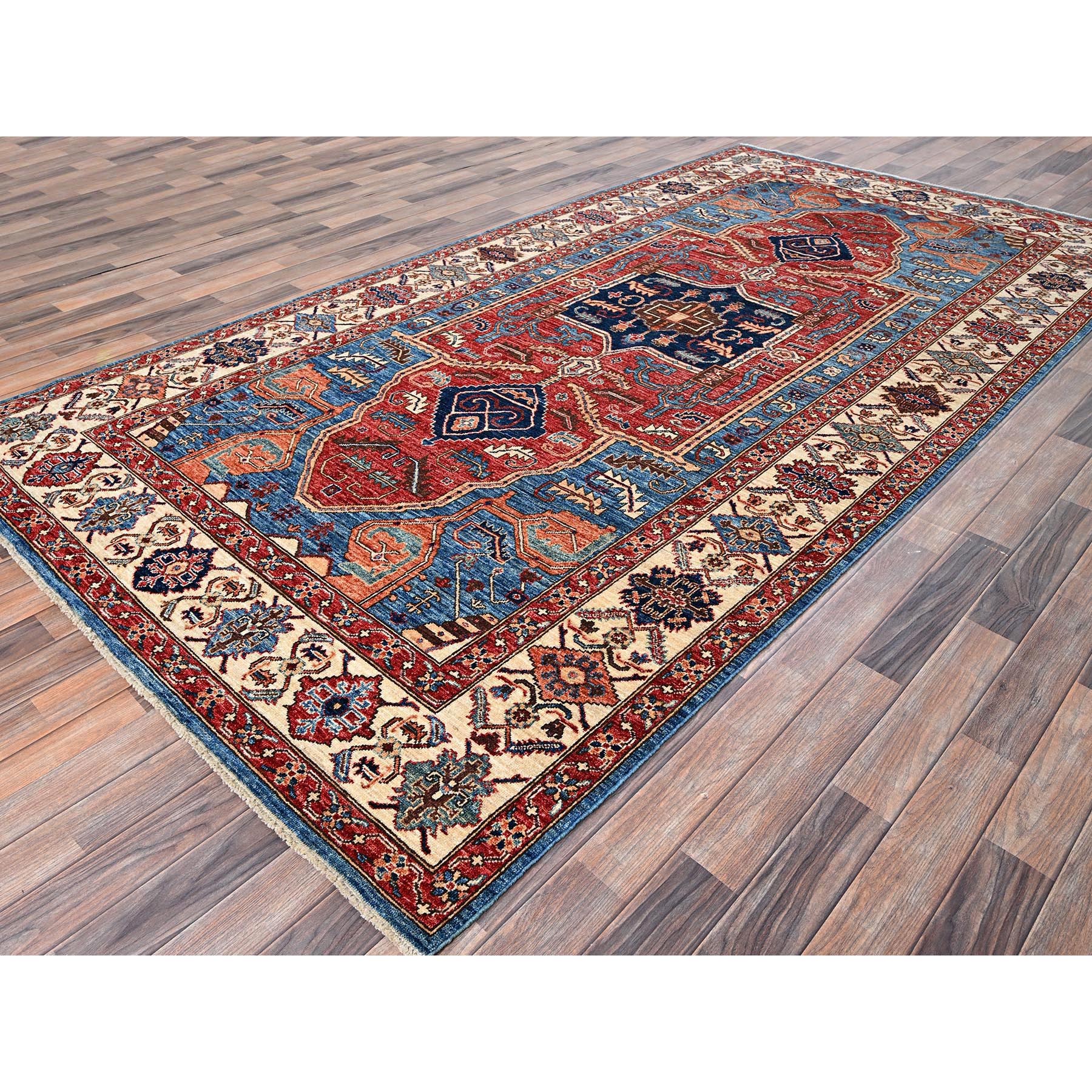 6'1"x11'7" Bayern Blue, Aryana Grade, Serapi Heriz with Geometric Medallion Design, Vegetable Dyes, High Mountain Wool, Hand Knotted, Soft Pile, Densely Woven, Gallery Size, Wide Runner, Oriental Rug Sh1058