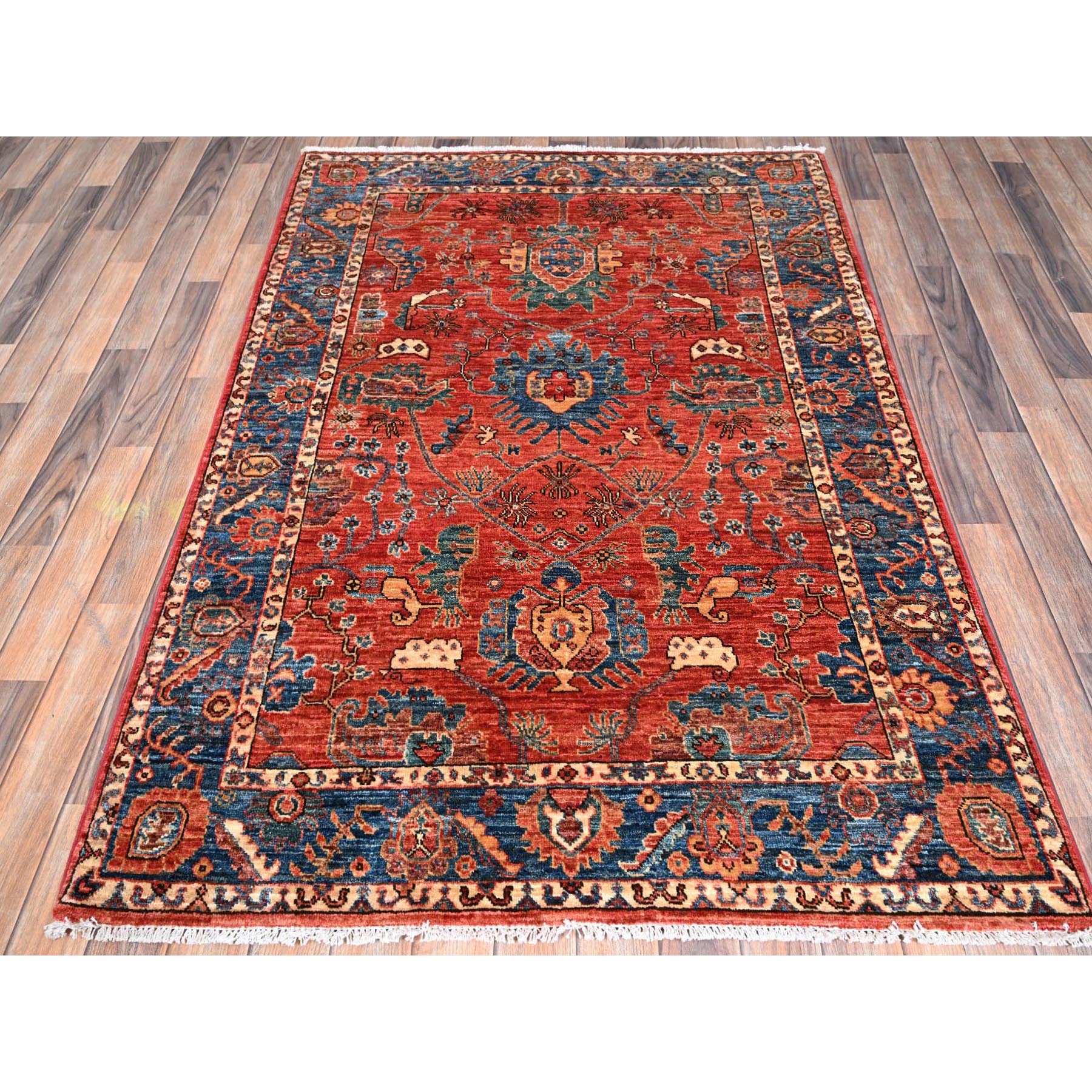 4'3"x6' Chili Red, Aryana Grade, Heriz All Over Design, Vegetable Dyes, High Mountain Wool, Hand Knotted, Soft Pile, Densely Woven, Oriental Rug Sh1060