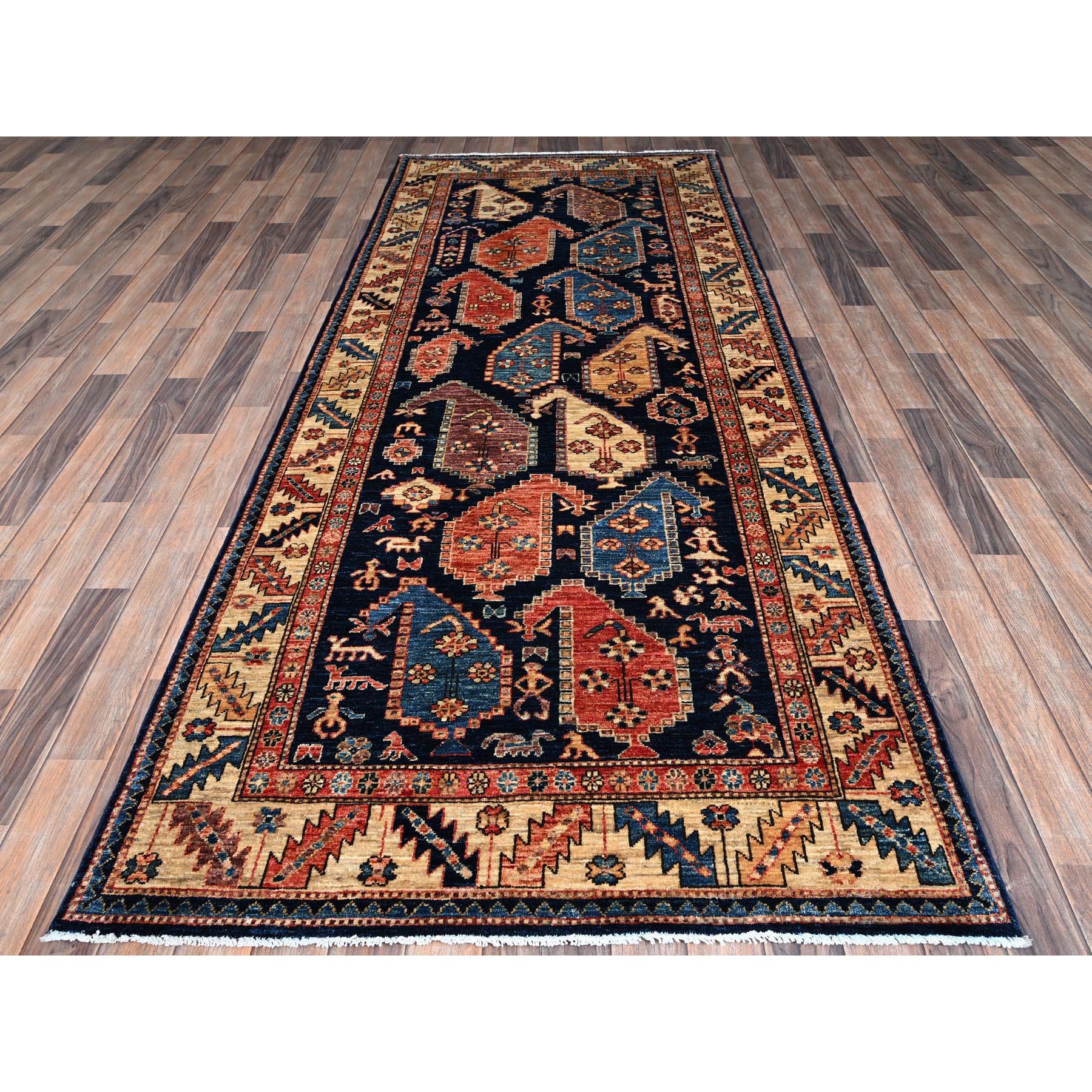 4'x9'9" Midnight Blue, Northwest Persian with Large Paisley Design, Aryana Collection, Vegetable Dyes, Soft Pile, High Mountain Wool, Hand Knotted, Densely Woven, Extra Wide Runner, Oriental Rug Sh1064