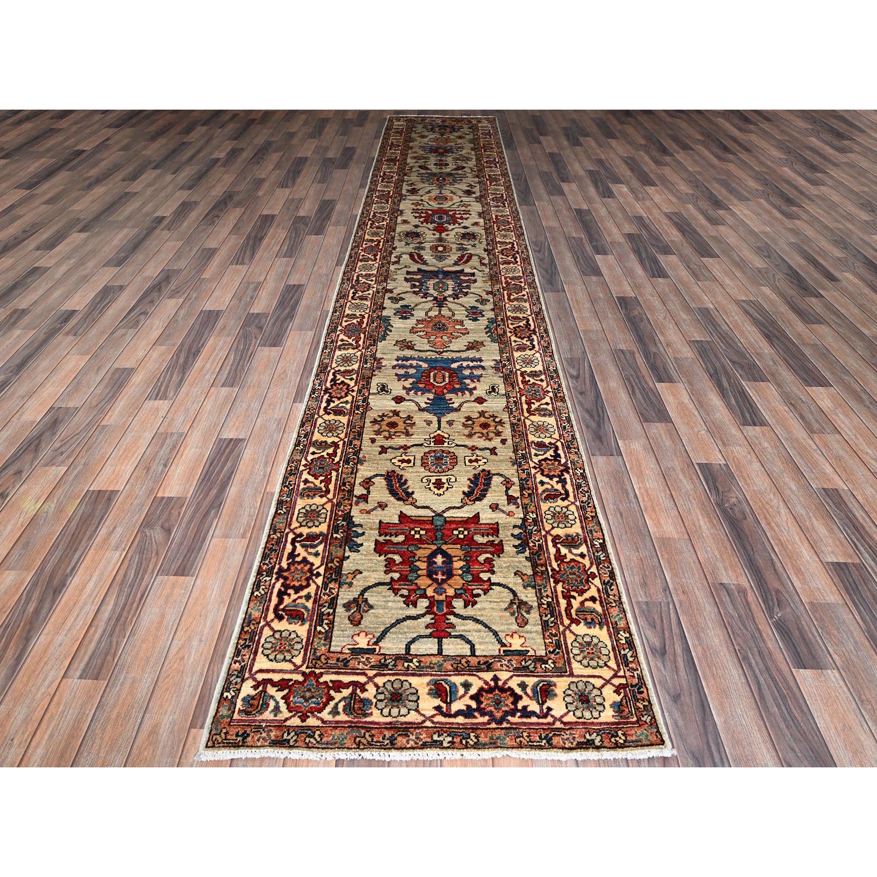2'10"x15' Oyster Gray, Northwest Persian with Heriz Design, Aryana Collection, Vegetable Dyes, Soft Pile, High Mountain Wool, Hand Knotted, Densely Woven, XL Runner, Oriental Rug Sh1067