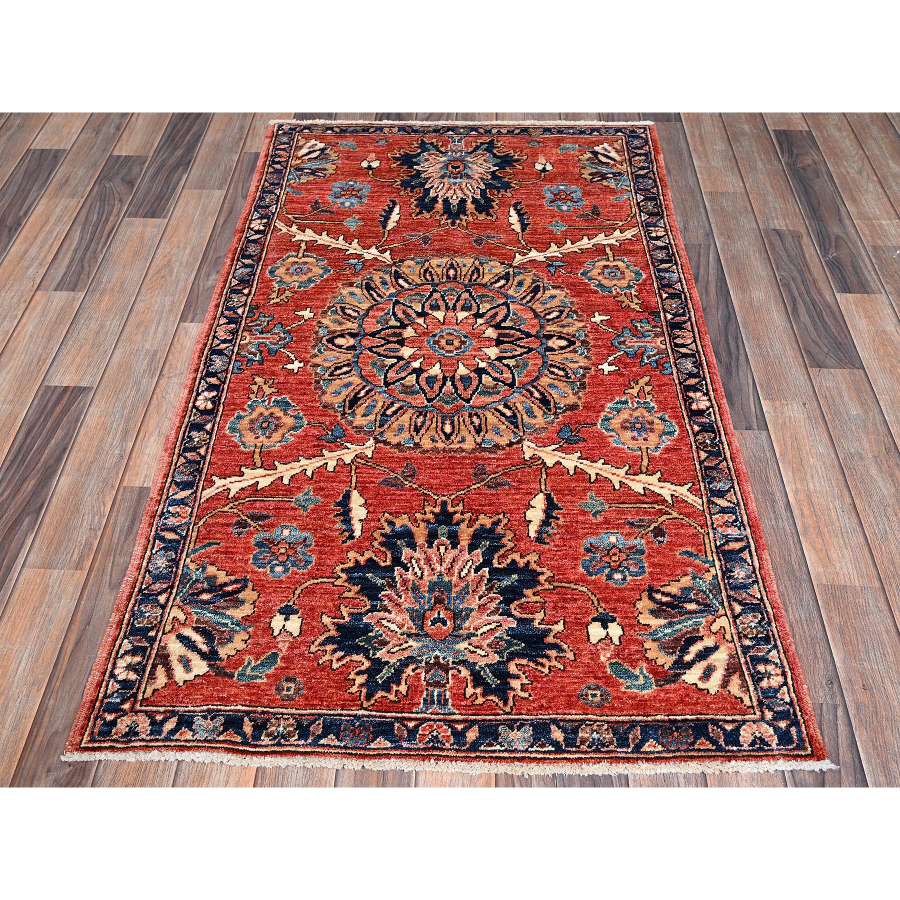 3'1"x5' Summer Fig Red, Northwest Persian Flower Design with Serrated Leafs, Aryana Grade, Vegetable Dyes, Soft Pile, High Mountain Wool, Hand Knotted, Densely Woven, Oriental Rug Sh1079