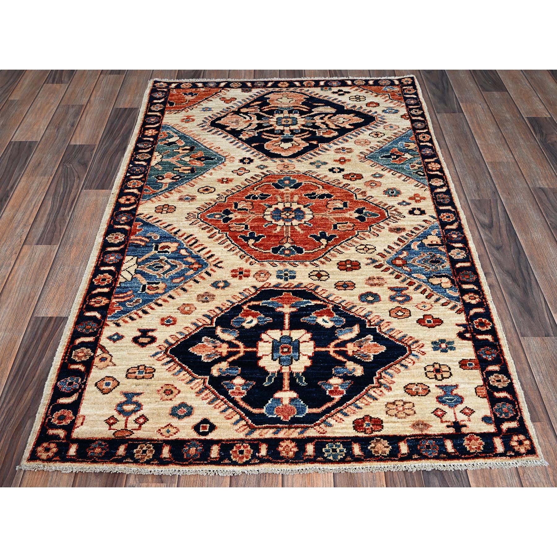 3'3"x5'2" Almond Milk White, Aryana Collection, Northwest Persian with Medallions Design, Vegetable Dyes, Soft Pile, High Mountain Wool, Hand Knotted, Densely Woven, Oriental Rug Sh1084