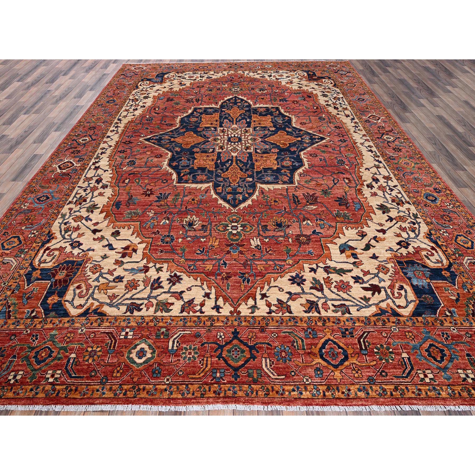 10'2"x13'8" Coral Red, Serapi Heriz with Large Medallion Design, Aryana Collection, Vegetable Dyes, Soft Pile, High Mountain Wool, Hand Knotted, Densely Woven, Oriental Rug Sh1094