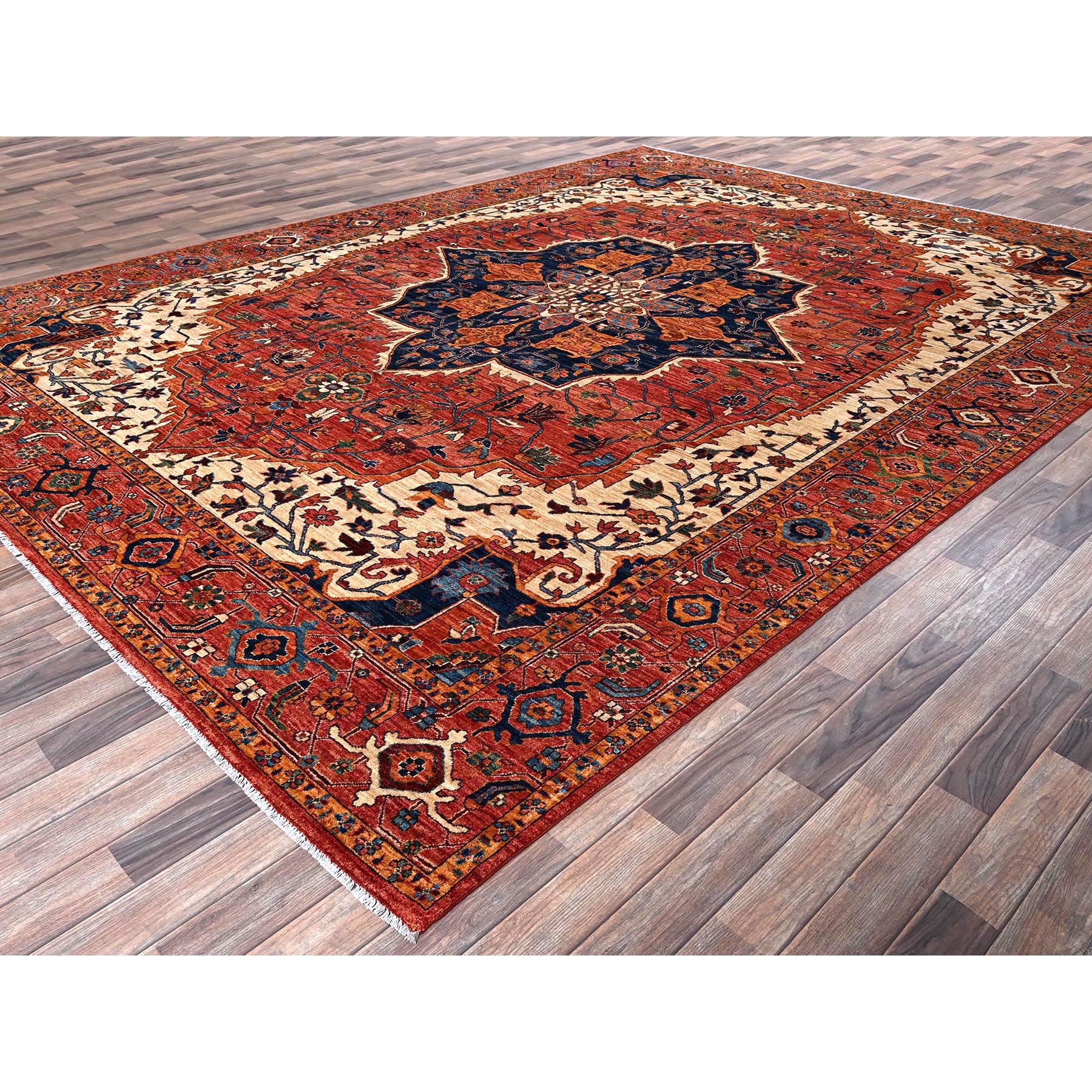 10'2"x13'8" Coral Red, Serapi Heriz with Large Medallion Design, Aryana Collection, Vegetable Dyes, Soft Pile, High Mountain Wool, Hand Knotted, Densely Woven, Oriental Rug Sh1094
