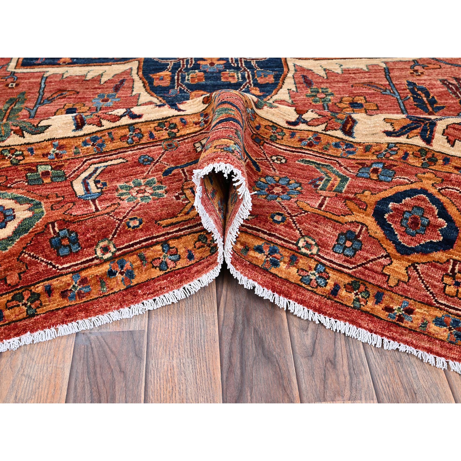 10'2"x13'8" Coral Red, Serapi Heriz with Large Medallion Design, Aryana Collection, Vegetable Dyes, Soft Pile, High Mountain Wool, Hand Knotted, Densely Woven, Oriental Rug Sh1094