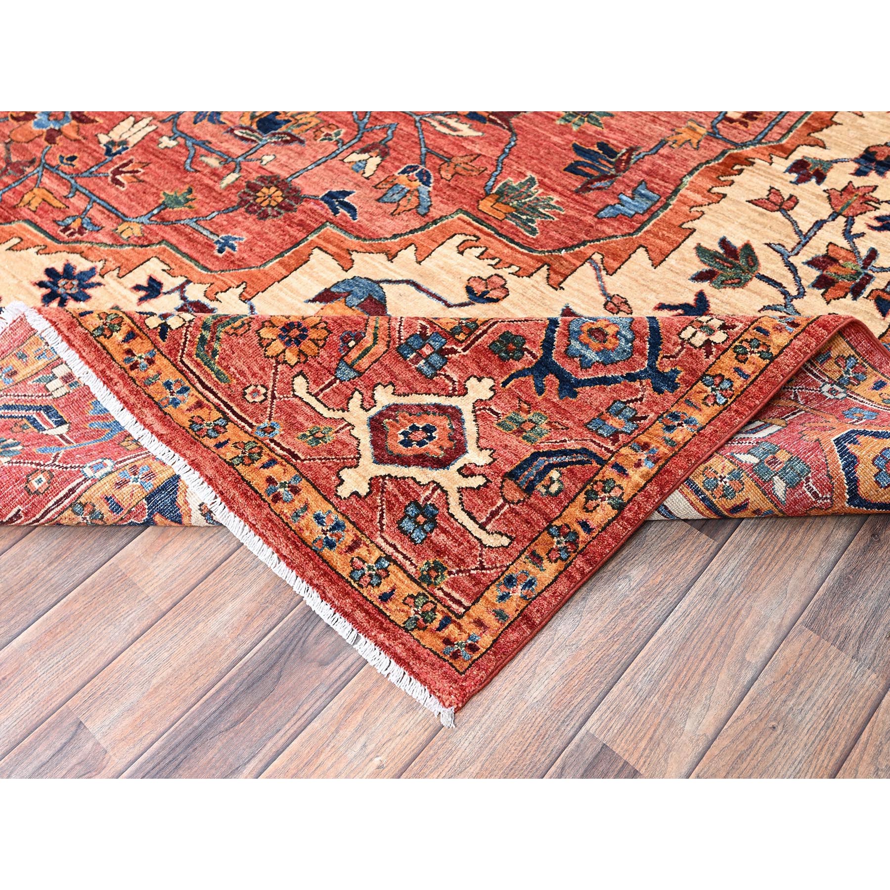 10'2"x13'8" Coral Red, Serapi Heriz with Large Medallion Design, Aryana Collection, Vegetable Dyes, Soft Pile, High Mountain Wool, Hand Knotted, Densely Woven, Oriental Rug Sh1094