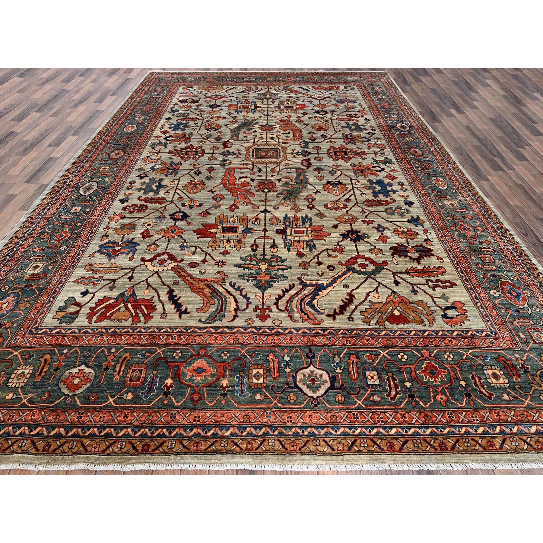 10'4"x14' Light Green, Heriz All Over Design, Aryana Collection, Vegetable Dyes, Soft Pile, Hand Knotted, High Mountain Wool, Densely Woven, Oriental Rug Sh1097