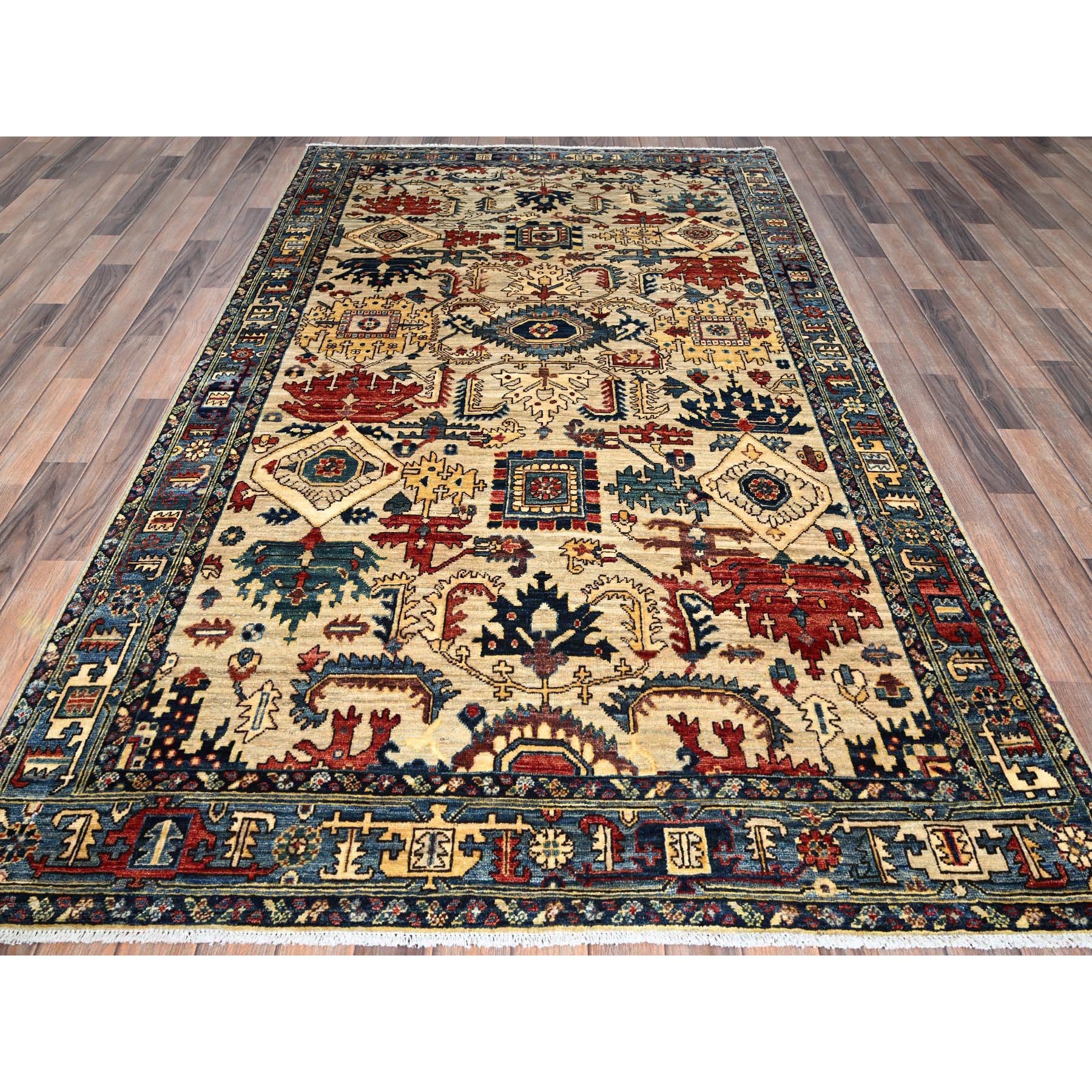 5'3"x8'6" Parchment White, Northwest Persian with Serrated Gul Motif, Aryana Collection, Vegetable Dyes, Soft Pile, High Mountain Wool, Hand Knotted, Densely Woven, Oriental Rug Sh1101