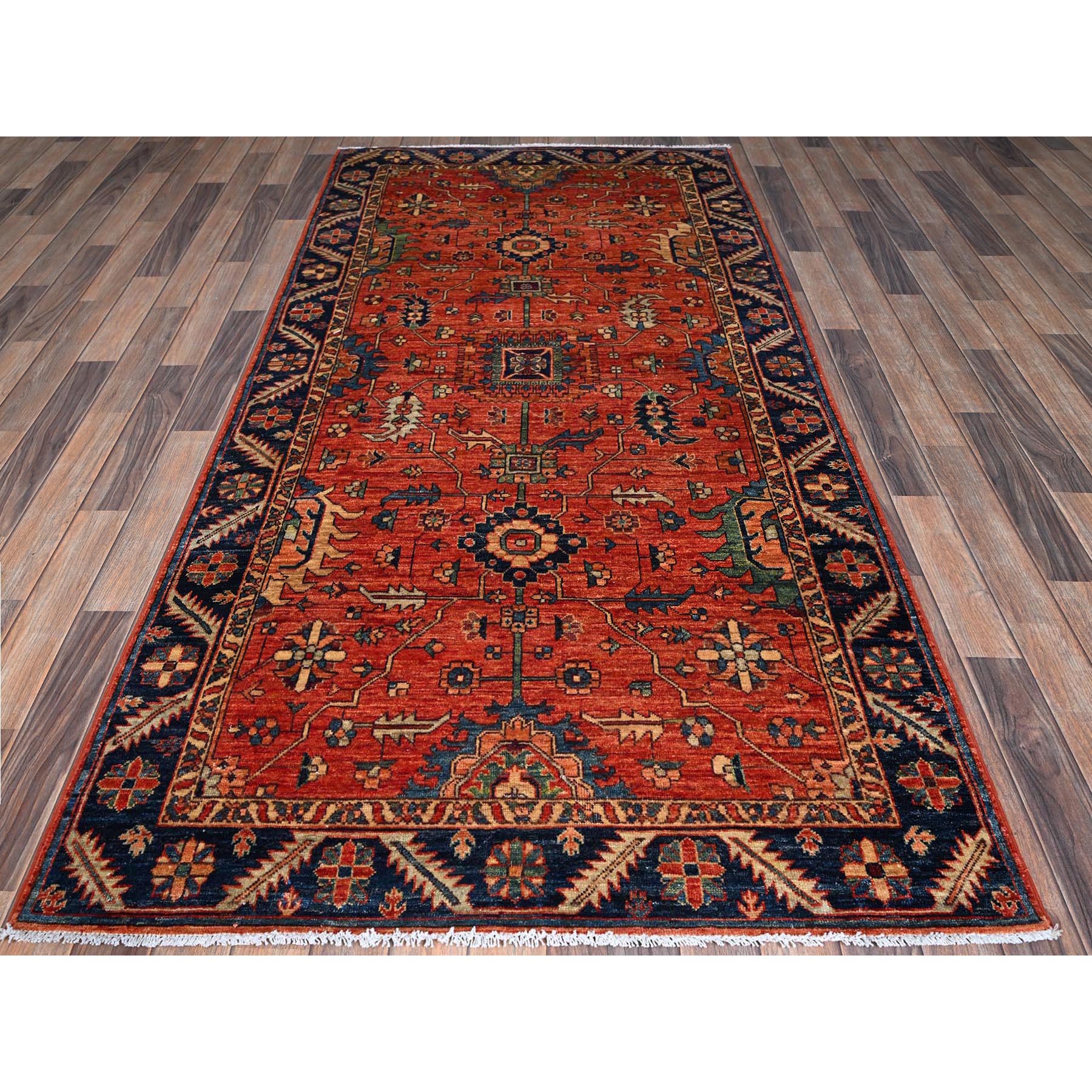 4'2"x8'4" Summer Fig Red, Heriz All Over Design, Aryana Collection, Vegetable Dyes, High Mountain Wool, Hand Knotted, Soft Pile, Densely Woven, Wide Runner, Oriental Rug Sh1104