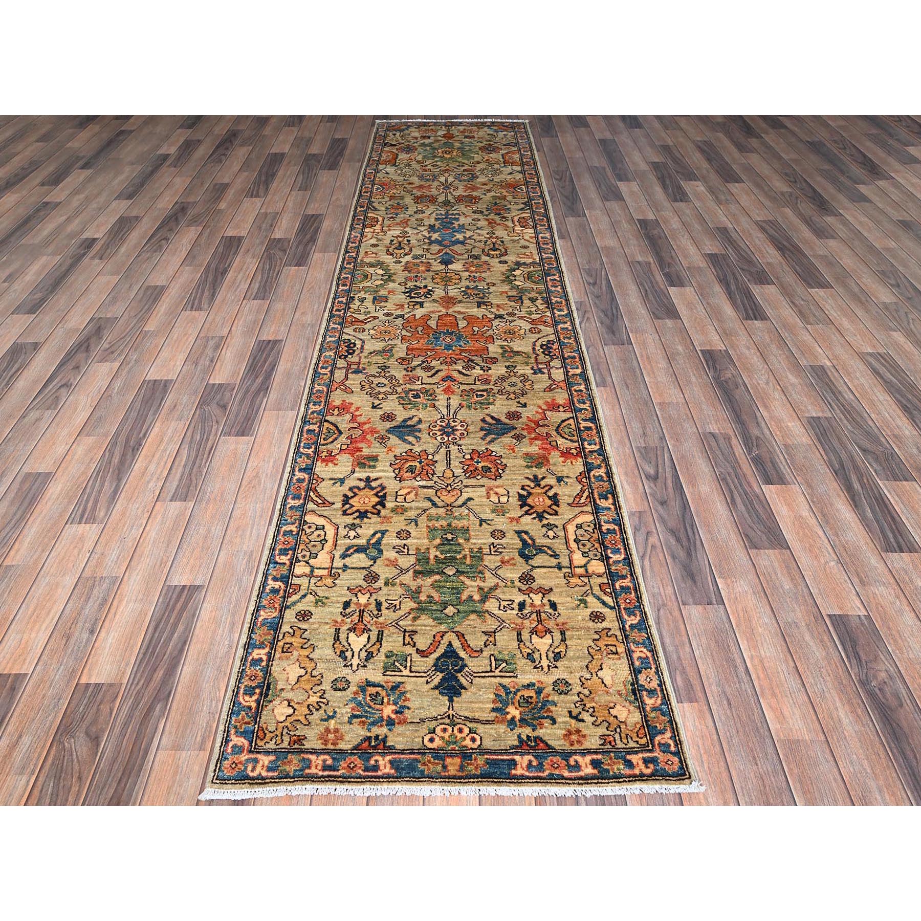 2'10"x12' Light Green, Heriz All Over Design, Aryana Collection, Vegetable Dyes, High Mountain Wool, Hand Knotted, Soft Pile, Densely Woven, Runner, Oriental Rug Sh1105