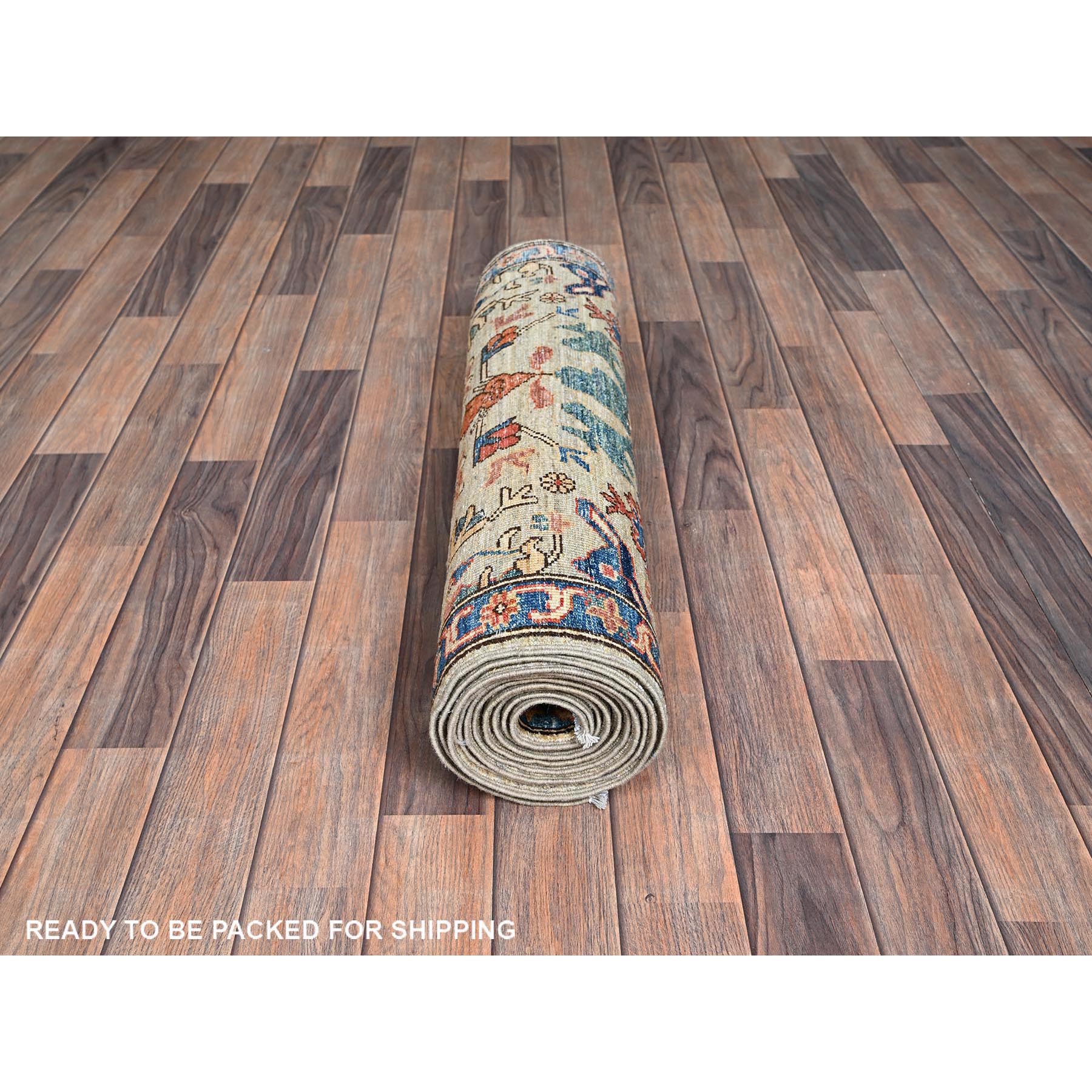 2'10"x12' Light Green, Heriz All Over Design, Aryana Collection, Vegetable Dyes, High Mountain Wool, Hand Knotted, Soft Pile, Densely Woven, Runner, Oriental Rug Sh1105