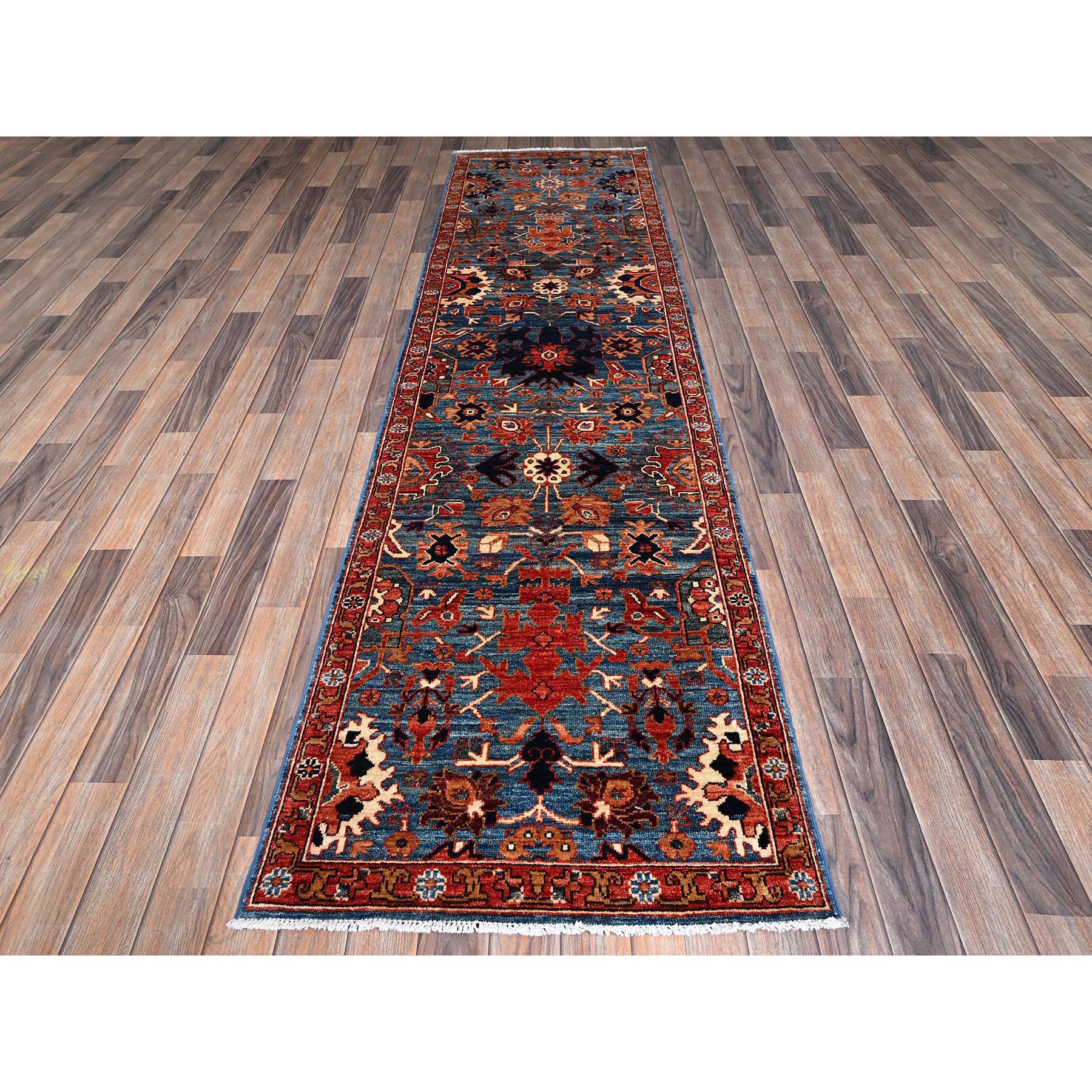 2'8"x10' Horizon Blue, Heriz All Over Design, Aryana Collection, Vegetable Dyes, High Mountain Wool, Hand Knotted, Soft Pile, Densely Woven, Runner, Oriental Rug Sh1107