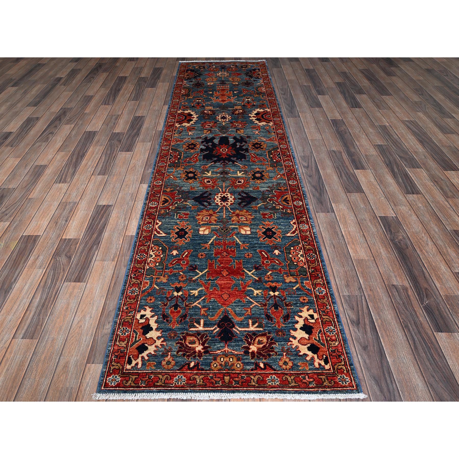 2'9"x9'9" Imperial Blue, Heriz All Over Design, Aryana Collection, Vegetable Dyes, Soft Pile, High Mountain Wool, Hand Knotted, Densely Woven, Runner, Oriental Rug Sh1108