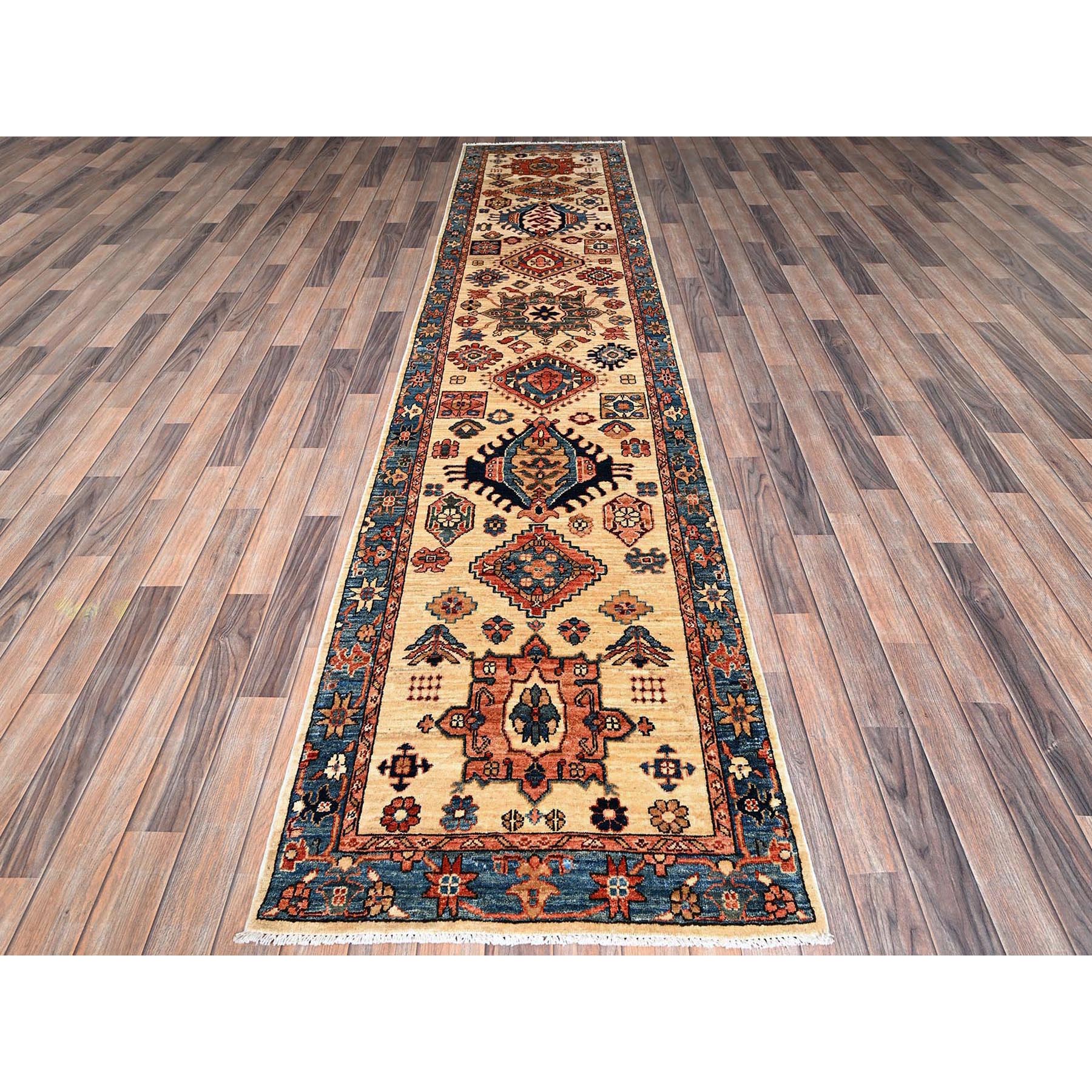 2'9"x11'9" Parchment White, Karajeh with Tribal Medallions Design, Aryana Collection, Vegetable Dyes, High Mountain Wool, Soft Pile, Hand Knotted, Densely Woven, Runner, Oriental Rug Sh1109
