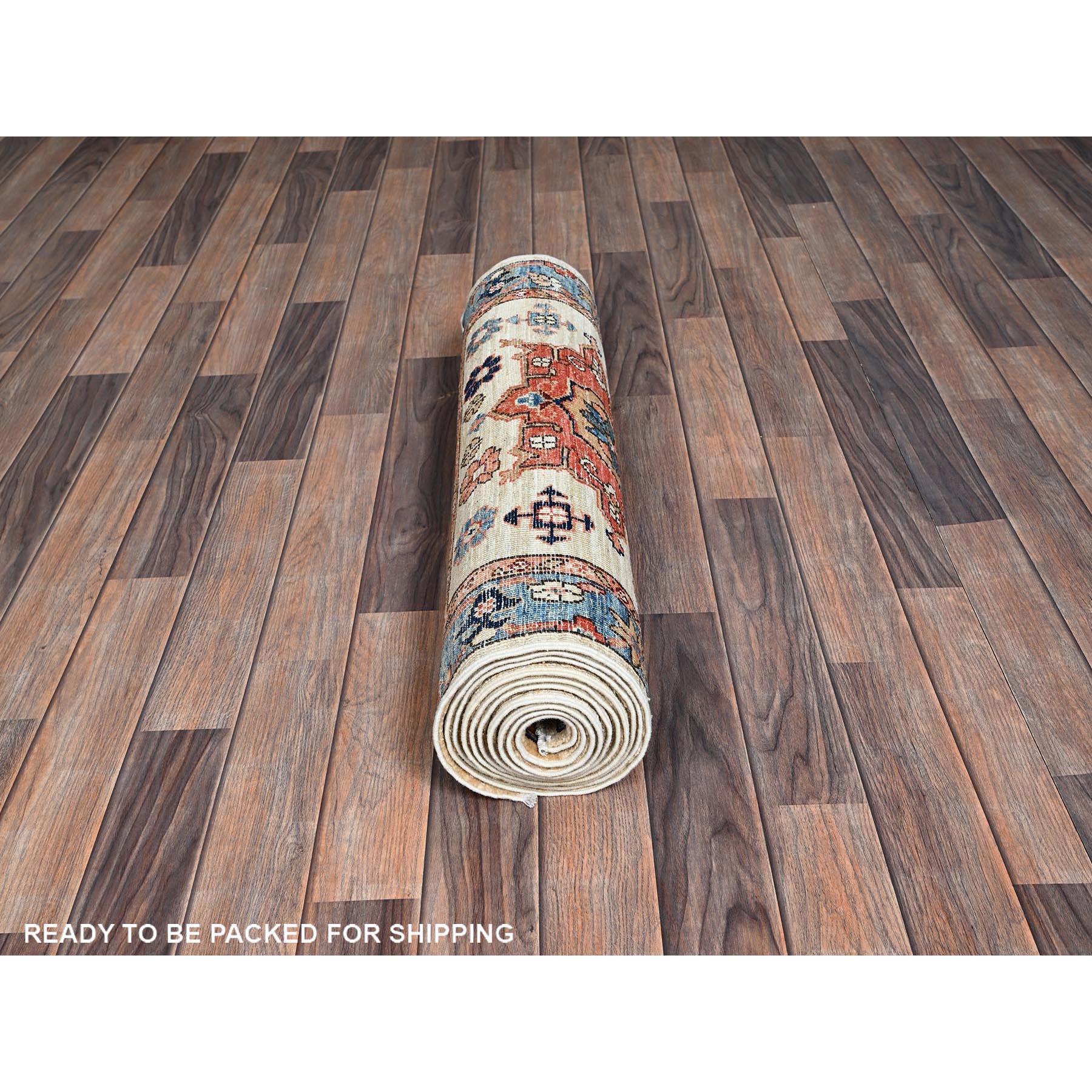 2'9"x11'9" Parchment White, Karajeh with Tribal Medallions Design, Aryana Collection, Vegetable Dyes, High Mountain Wool, Soft Pile, Hand Knotted, Densely Woven, Runner, Oriental Rug Sh1109