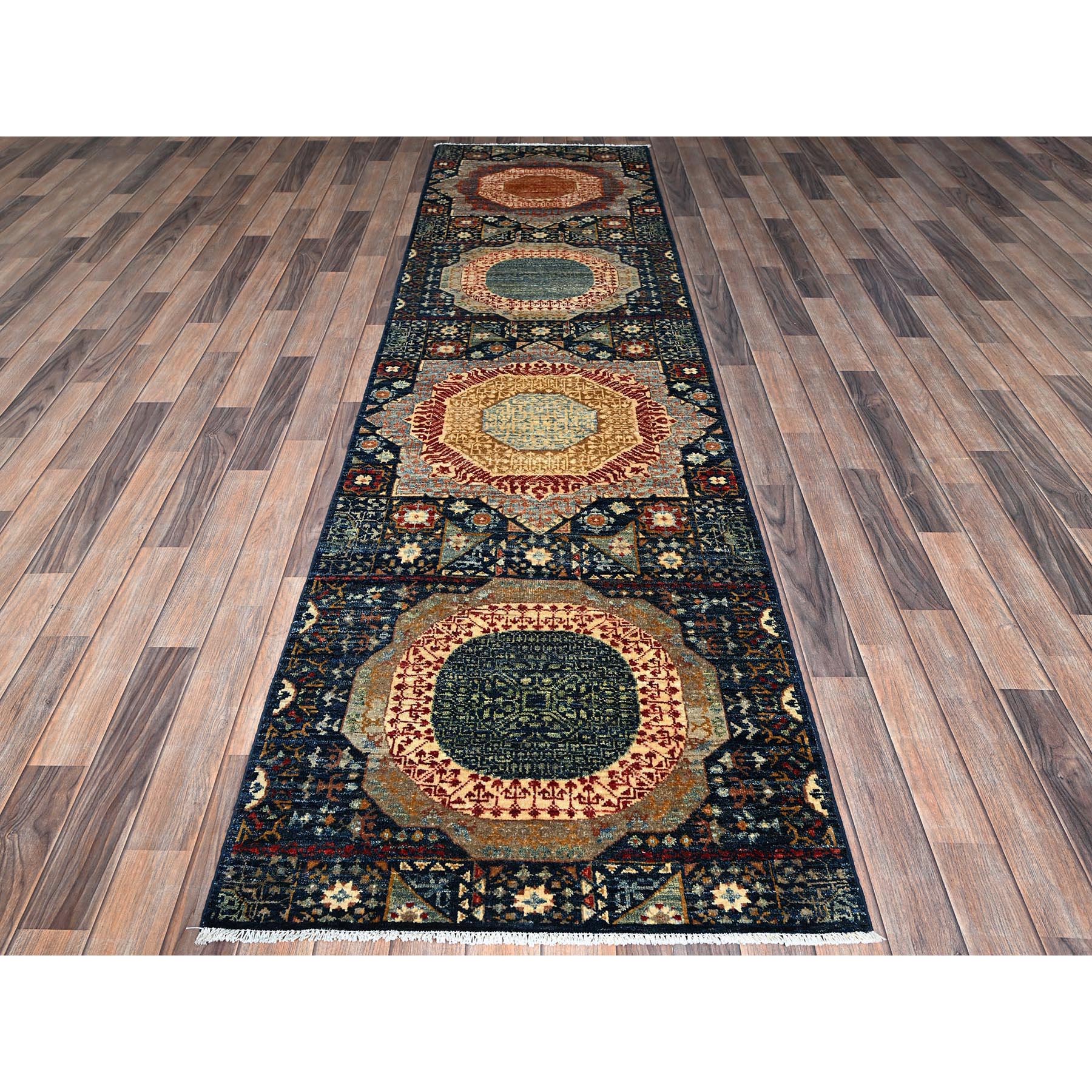 2'9"x10'2" Navy Blue, Mamluk Design, Aryana Collection, Vegetable Dyes, Soft Pile, High Mountain Wool, Hand Knotted, Densely Woven, Runner, Oriental Rug Sh1112