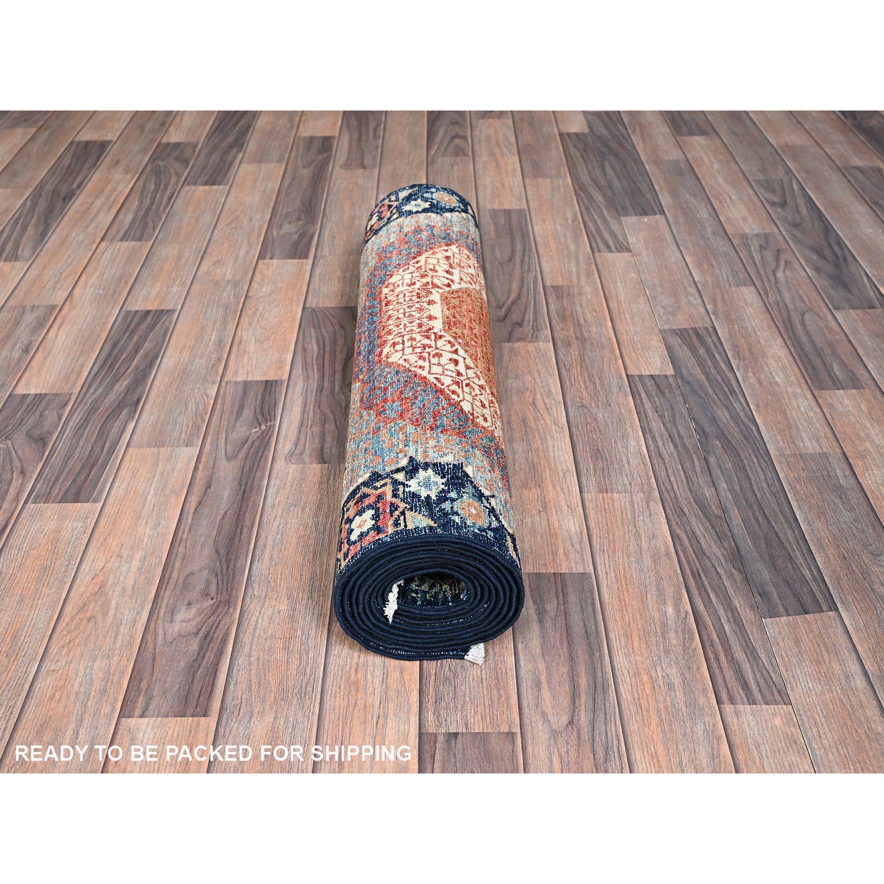 2'9"x10'2" Navy Blue, Mamluk Design, Aryana Collection, Vegetable Dyes, Soft Pile, High Mountain Wool, Hand Knotted, Densely Woven, Runner, Oriental Rug Sh1112
