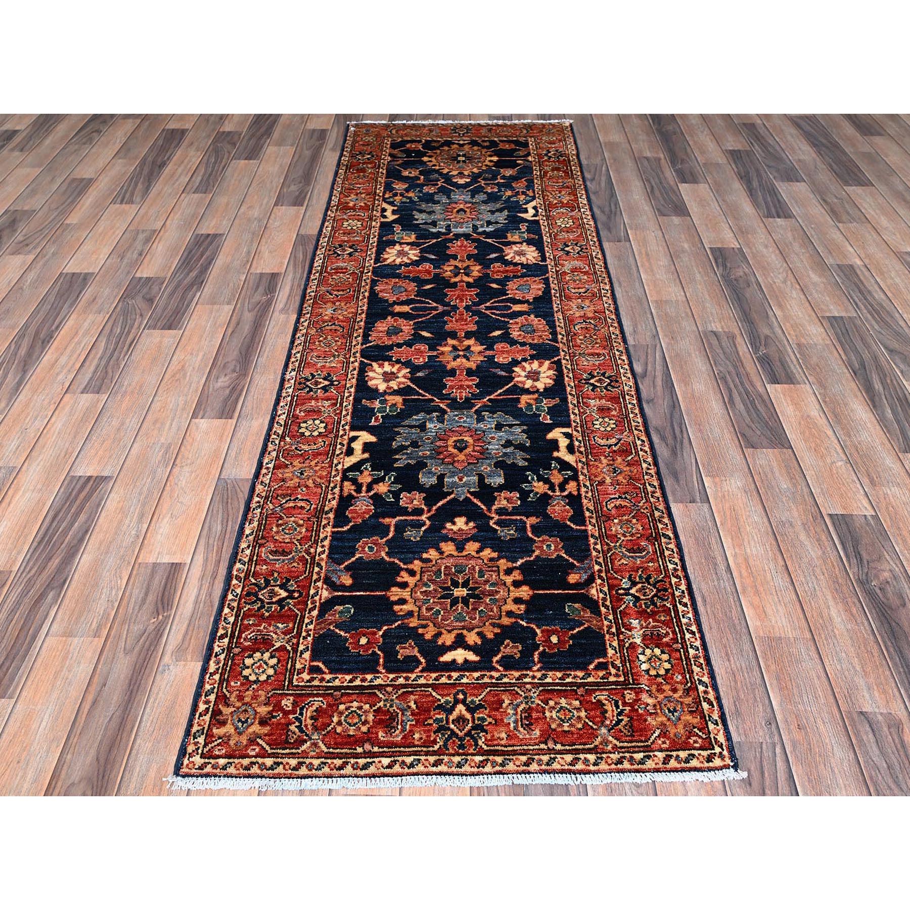 2'6"x7'9" Yale Blue, Heriz All Over Design, Aryana Collection, Vegetable Dyes, Hand Knotted, Soft Pile, High Mountain Wool, Densely Woven, Runner, Oriental Rug Sh1113