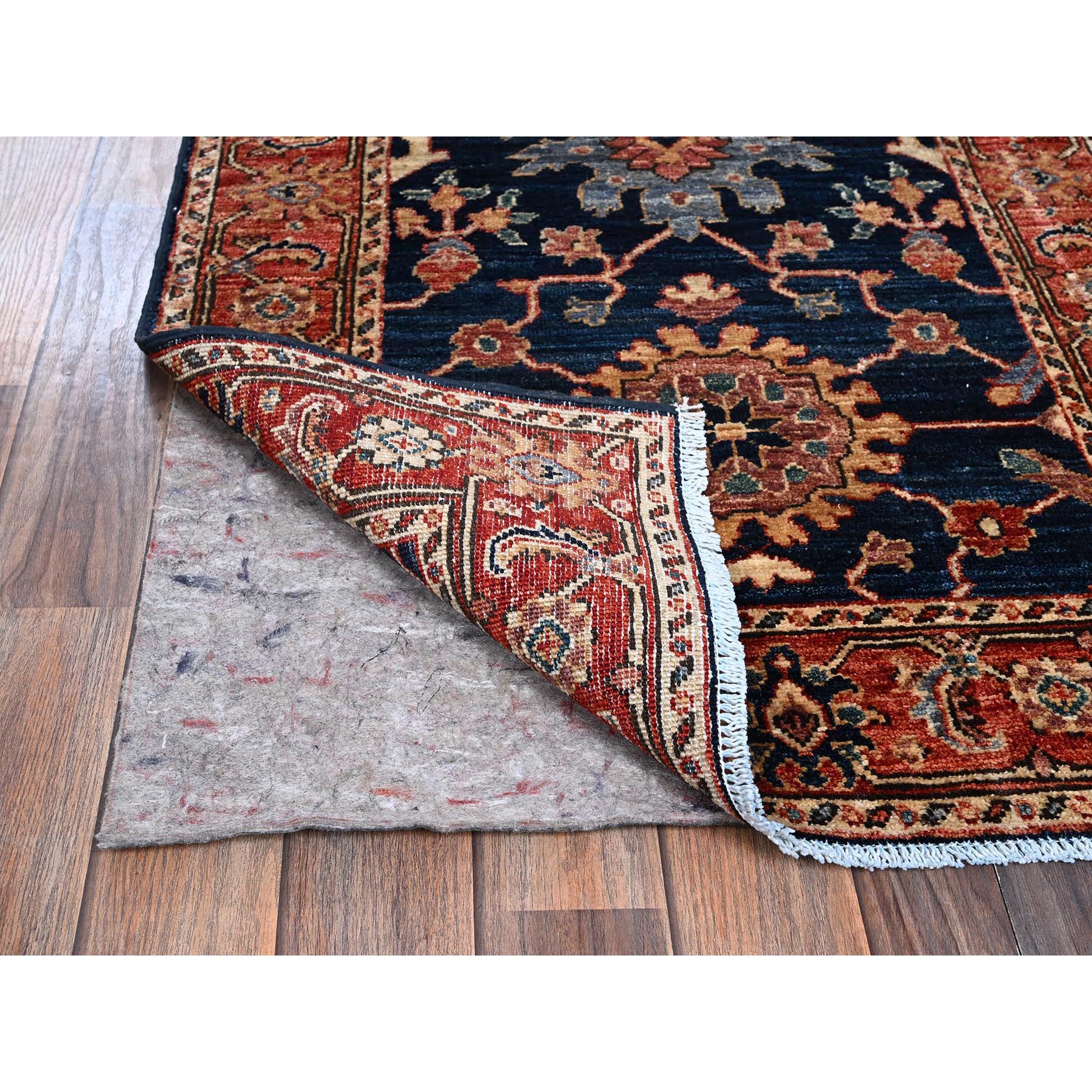 2'6"x7'9" Yale Blue, Heriz All Over Design, Aryana Collection, Vegetable Dyes, Hand Knotted, Soft Pile, High Mountain Wool, Densely Woven, Runner, Oriental Rug Sh1113