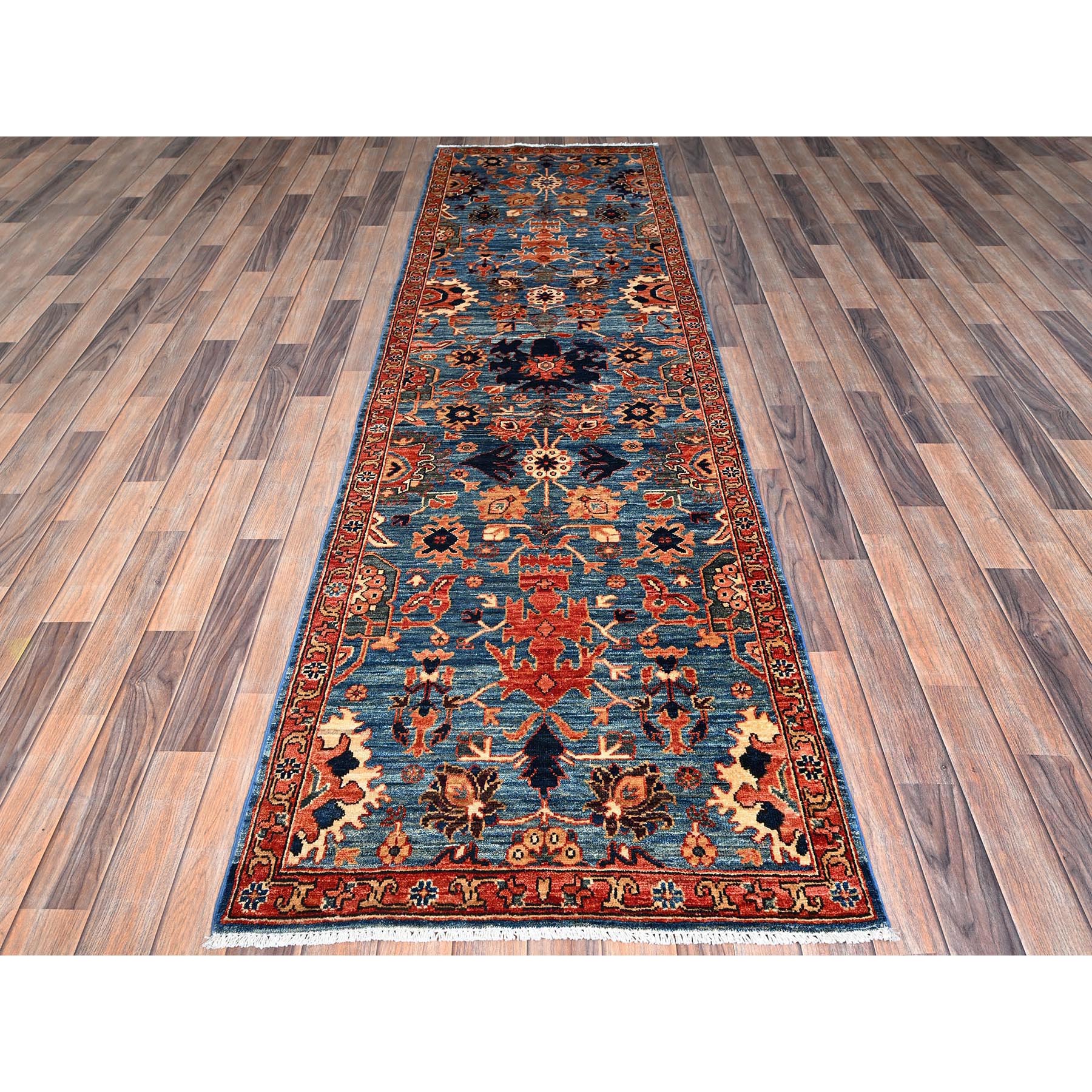 2'10"x9'7" Imperial Blue, Heriz All Over Design, Aryana Collection, Vegetable Dyes, Soft Pile, High Mountain Wool, Hand Knotted, Densely Woven, Runner, Oriental Rug Sh1115