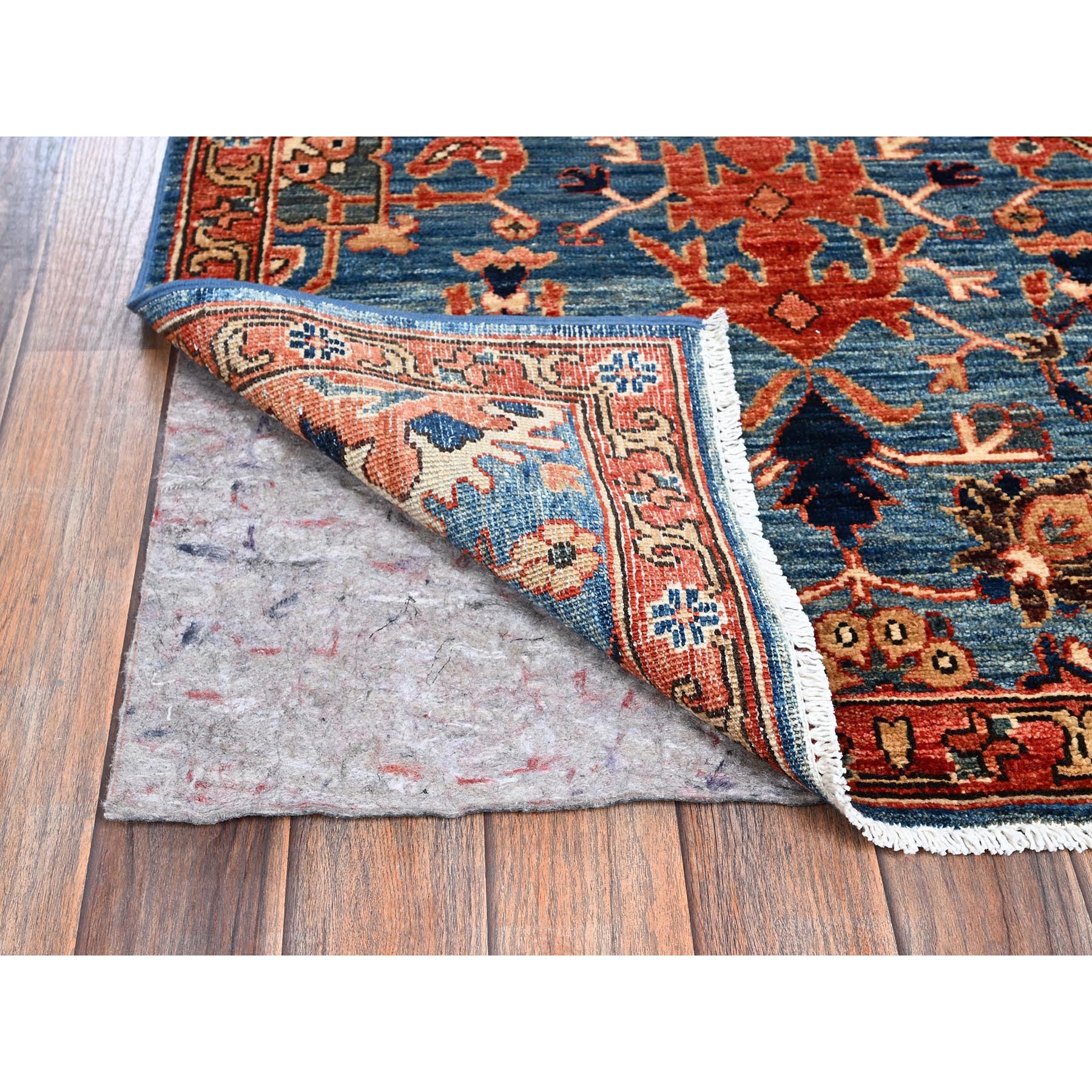 2'10"x9'7" Imperial Blue, Heriz All Over Design, Aryana Collection, Vegetable Dyes, Soft Pile, High Mountain Wool, Hand Knotted, Densely Woven, Runner, Oriental Rug Sh1115