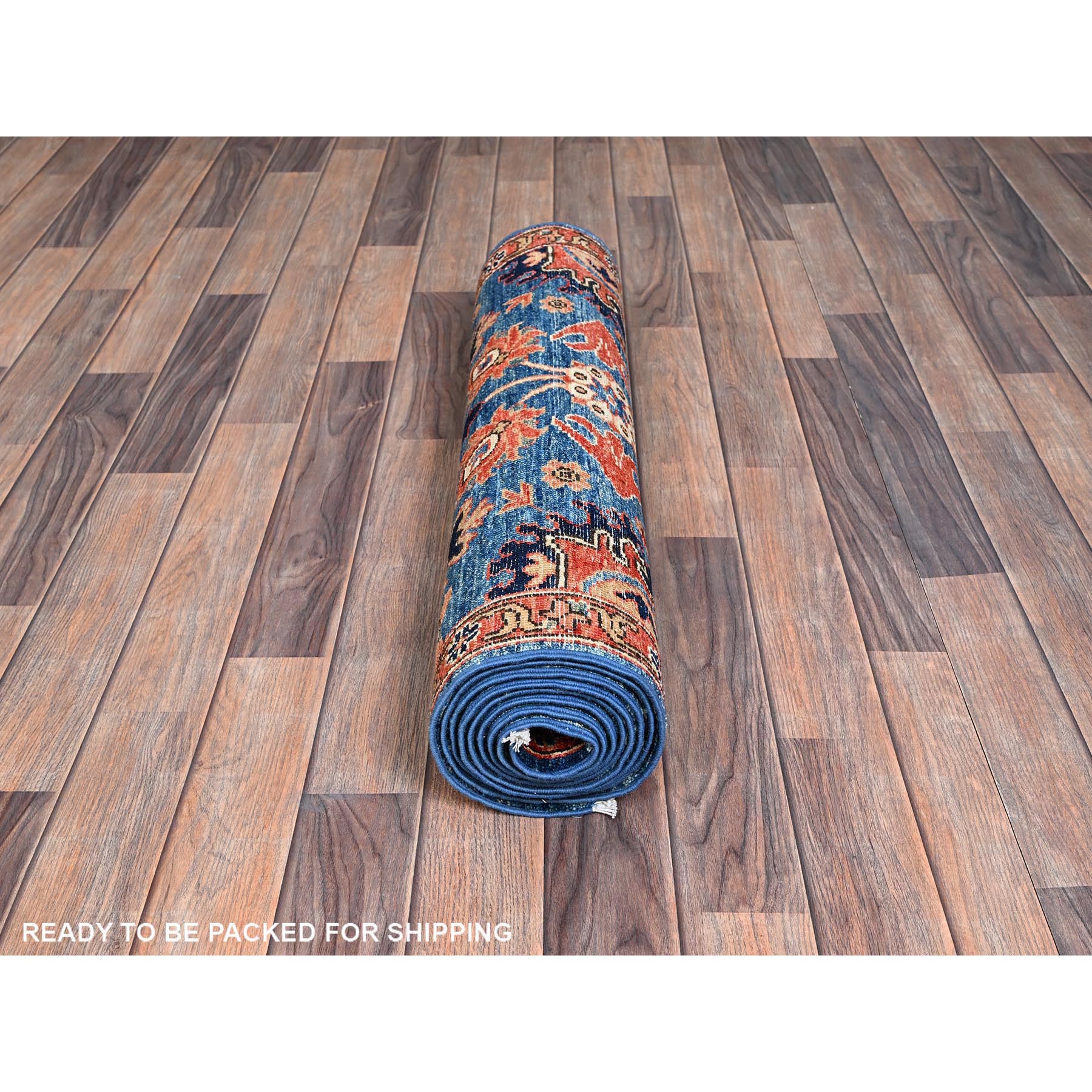 2'10"x9'7" Imperial Blue, Heriz All Over Design, Aryana Collection, Vegetable Dyes, Soft Pile, High Mountain Wool, Hand Knotted, Densely Woven, Runner, Oriental Rug Sh1115