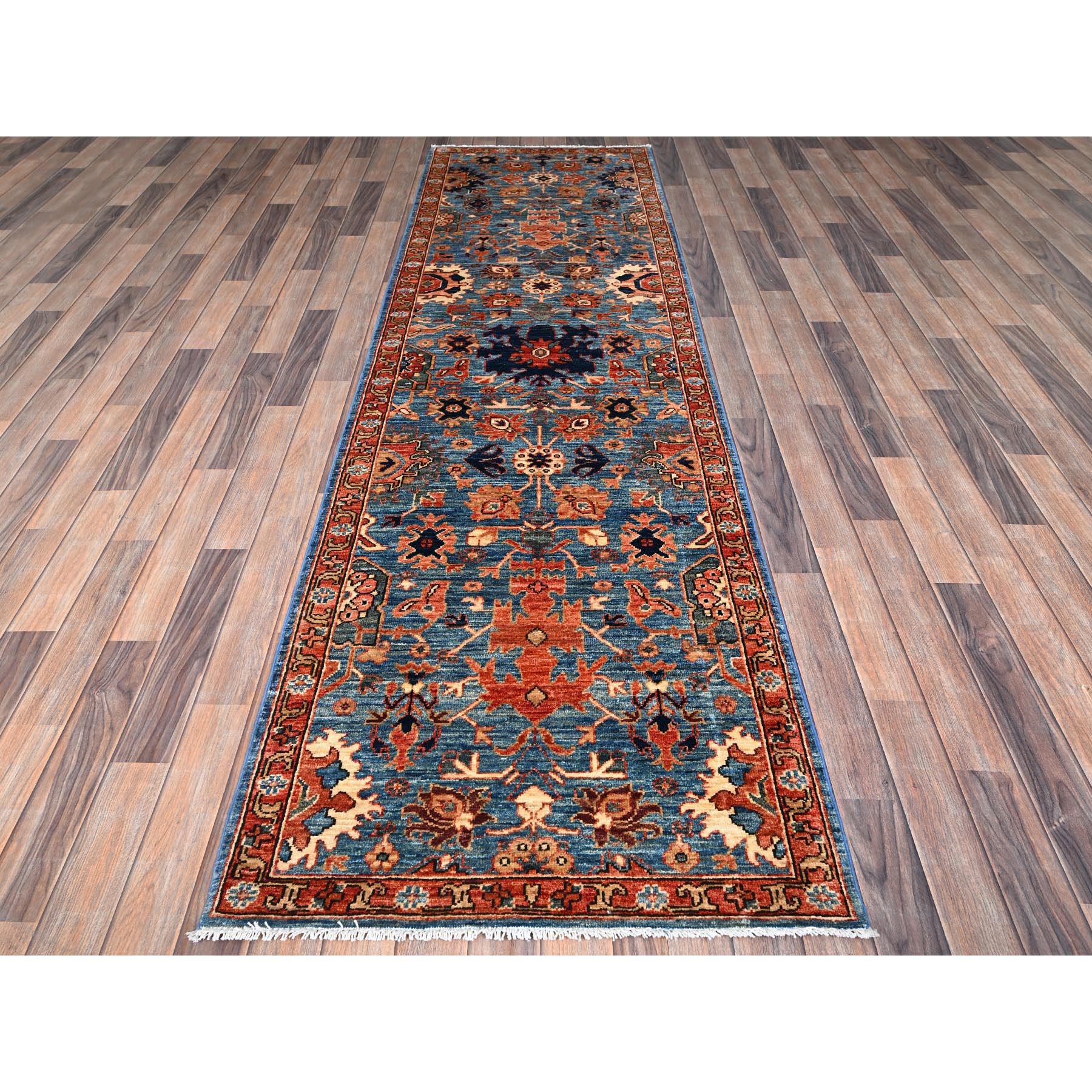 3'x10' Bayern Blue, Heriz All Over Design, Aryana Collection, Vegetable Dyes, Soft Pile, High Mountain Wool, Hand Knotted, Densely Woven, Runner, Oriental Rug Sh1117